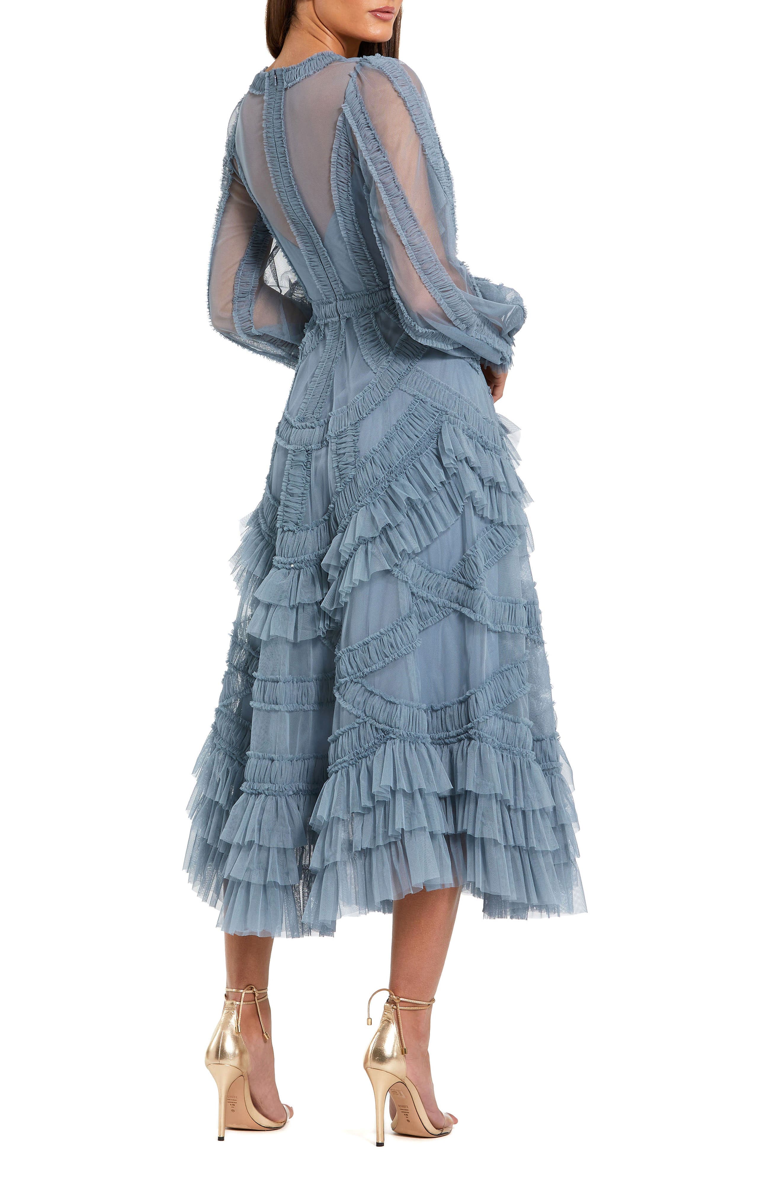 Long Sleeve V Neck Mesh Micro Ruffle Midi Dress - image 2