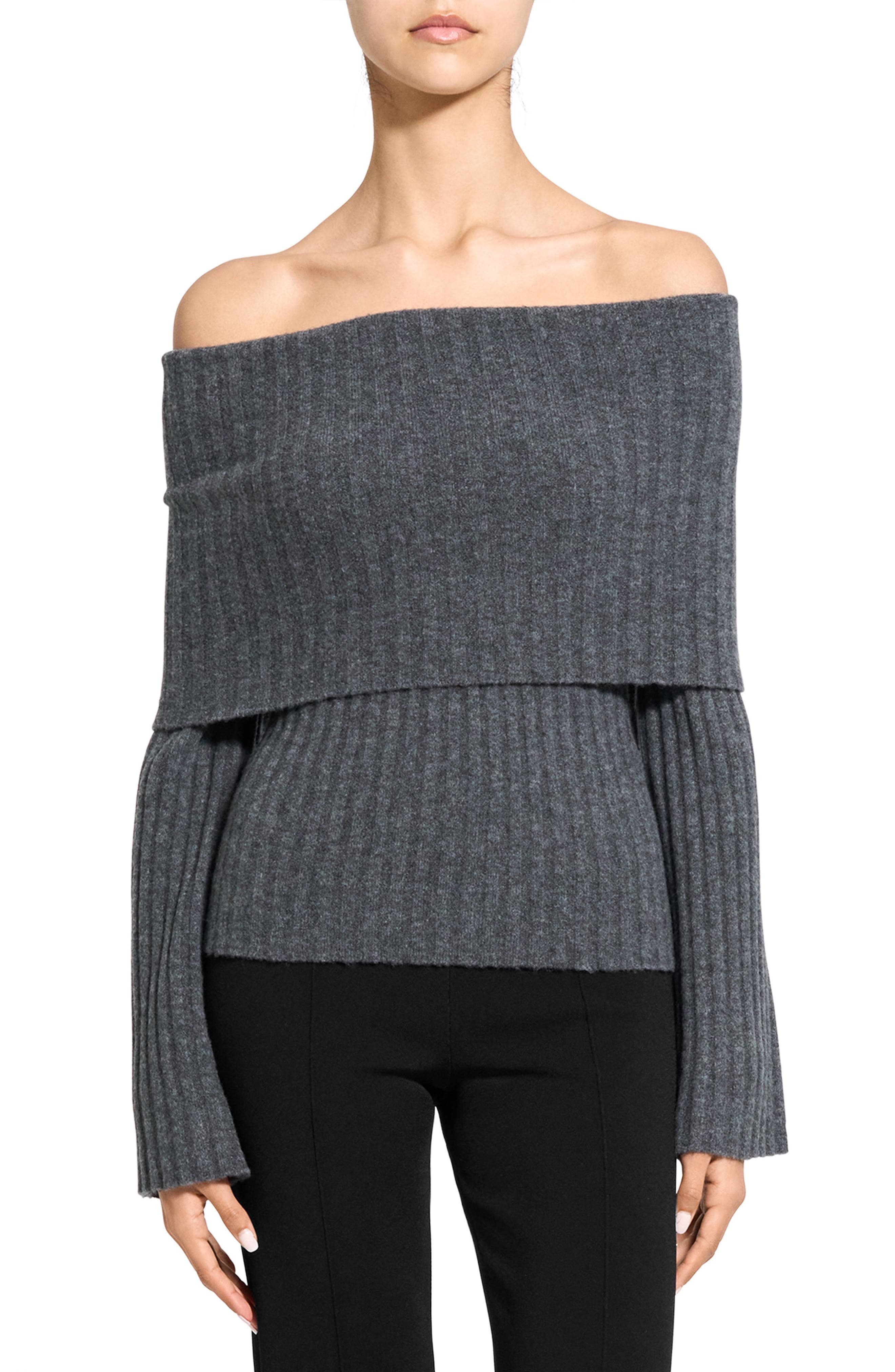 Off the Shoulder Bell Sleeve Merino Wool Blend Sweater