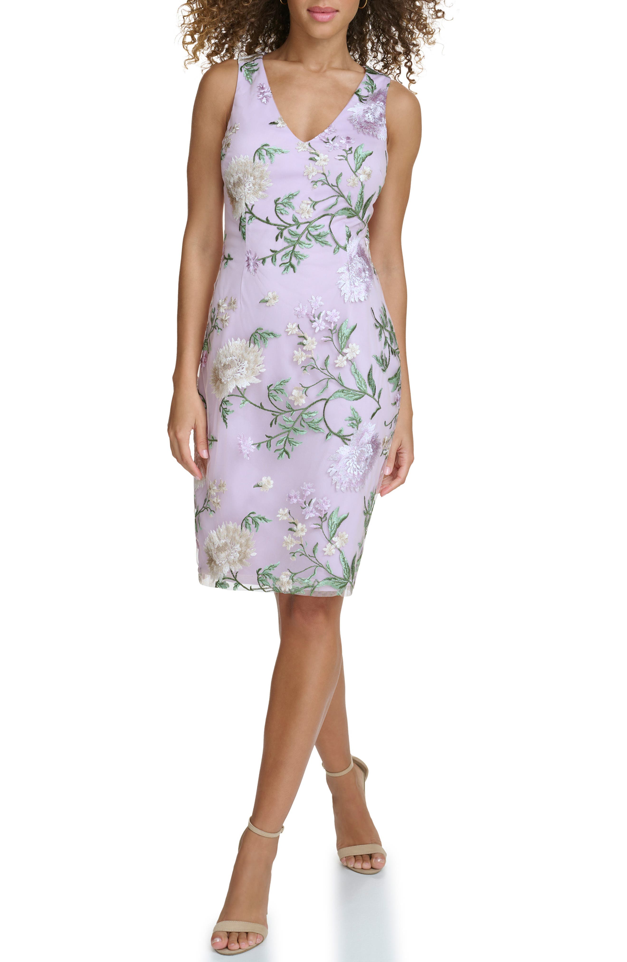 Floral Embroidered Mesh Sheath Dress - image 1