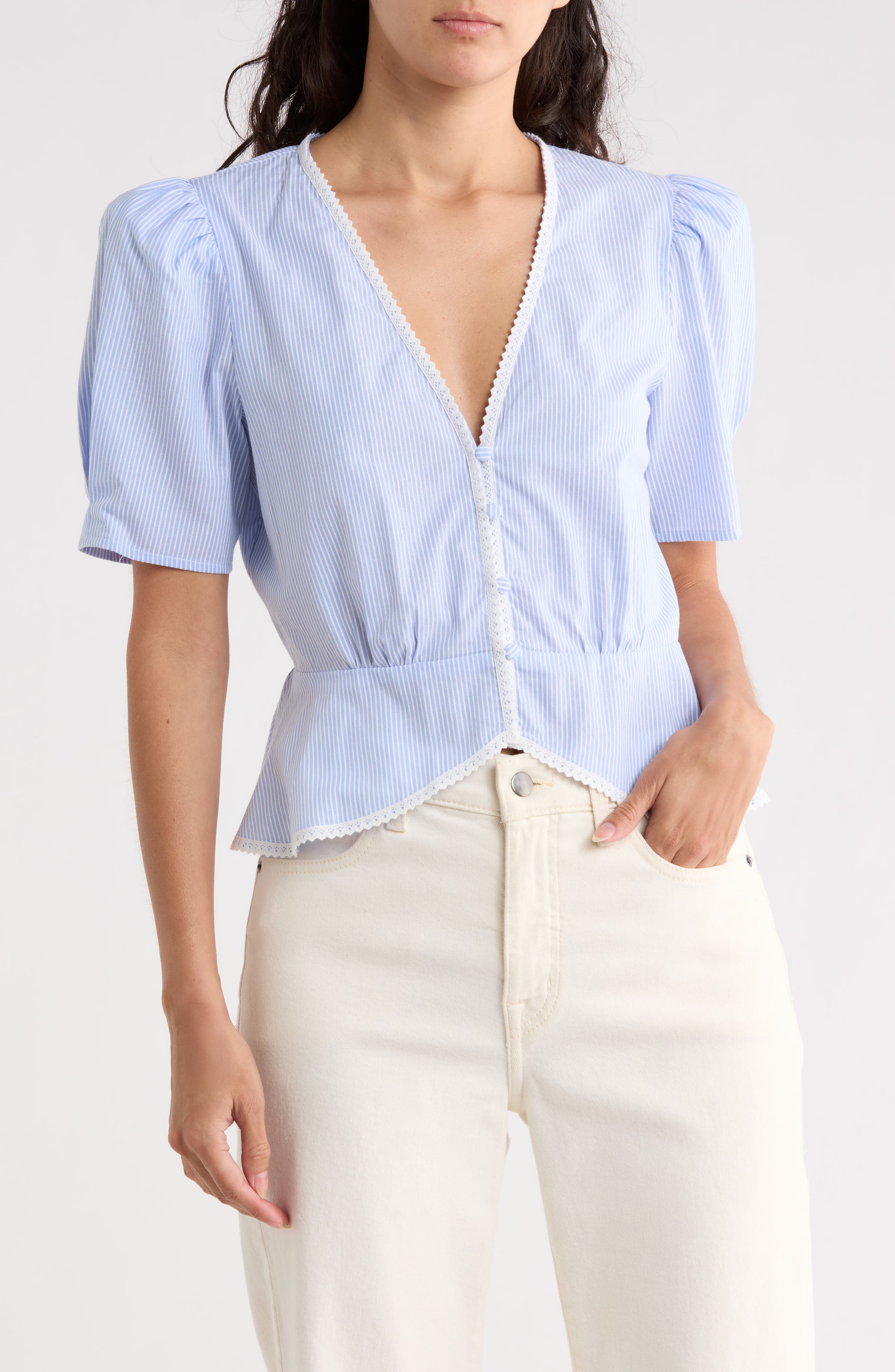 Stripe Lace Trim Peplum Top - image 1