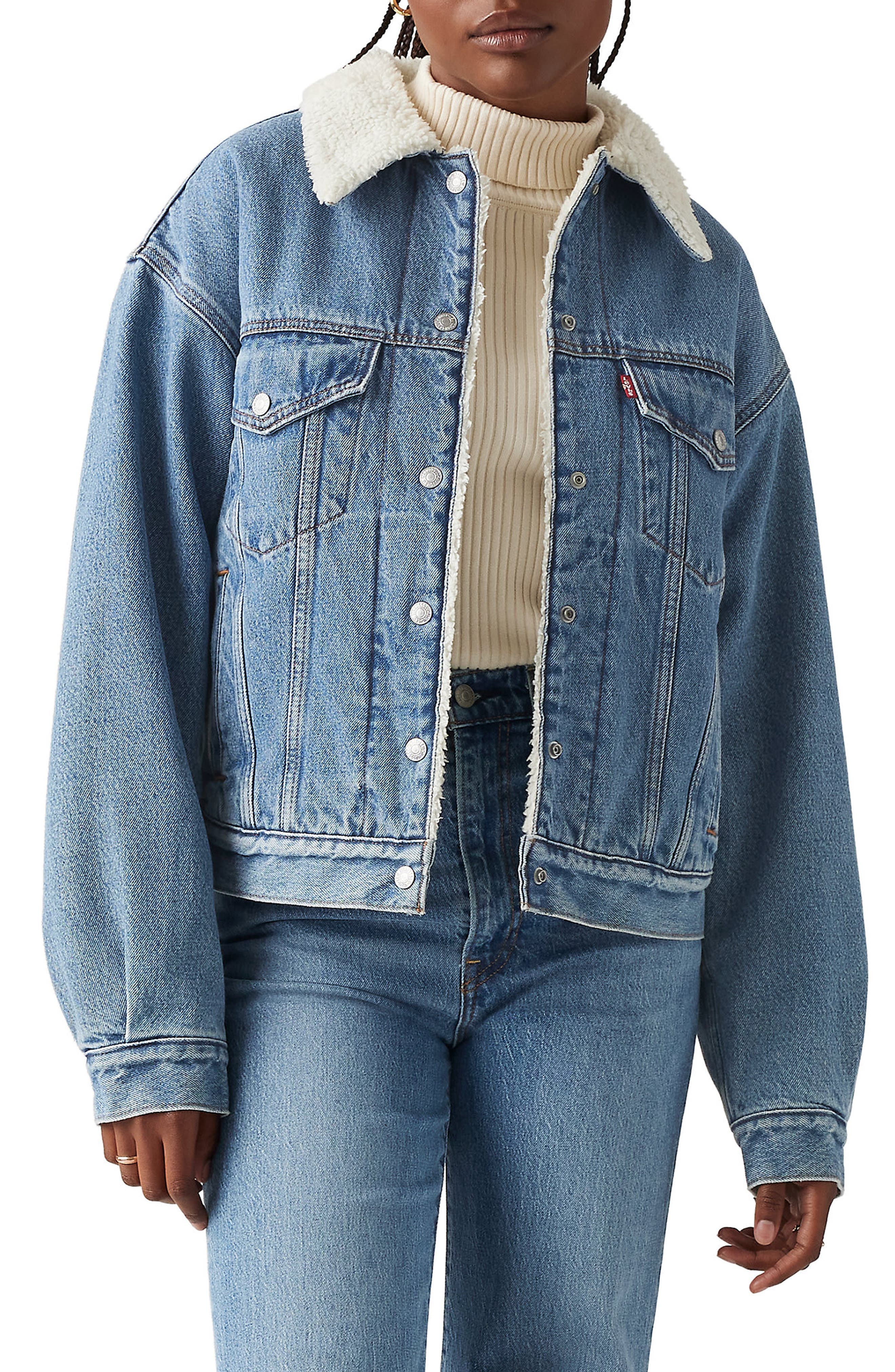 '90s Faux Shearling Lined Denim Trucker Jacket - image 1