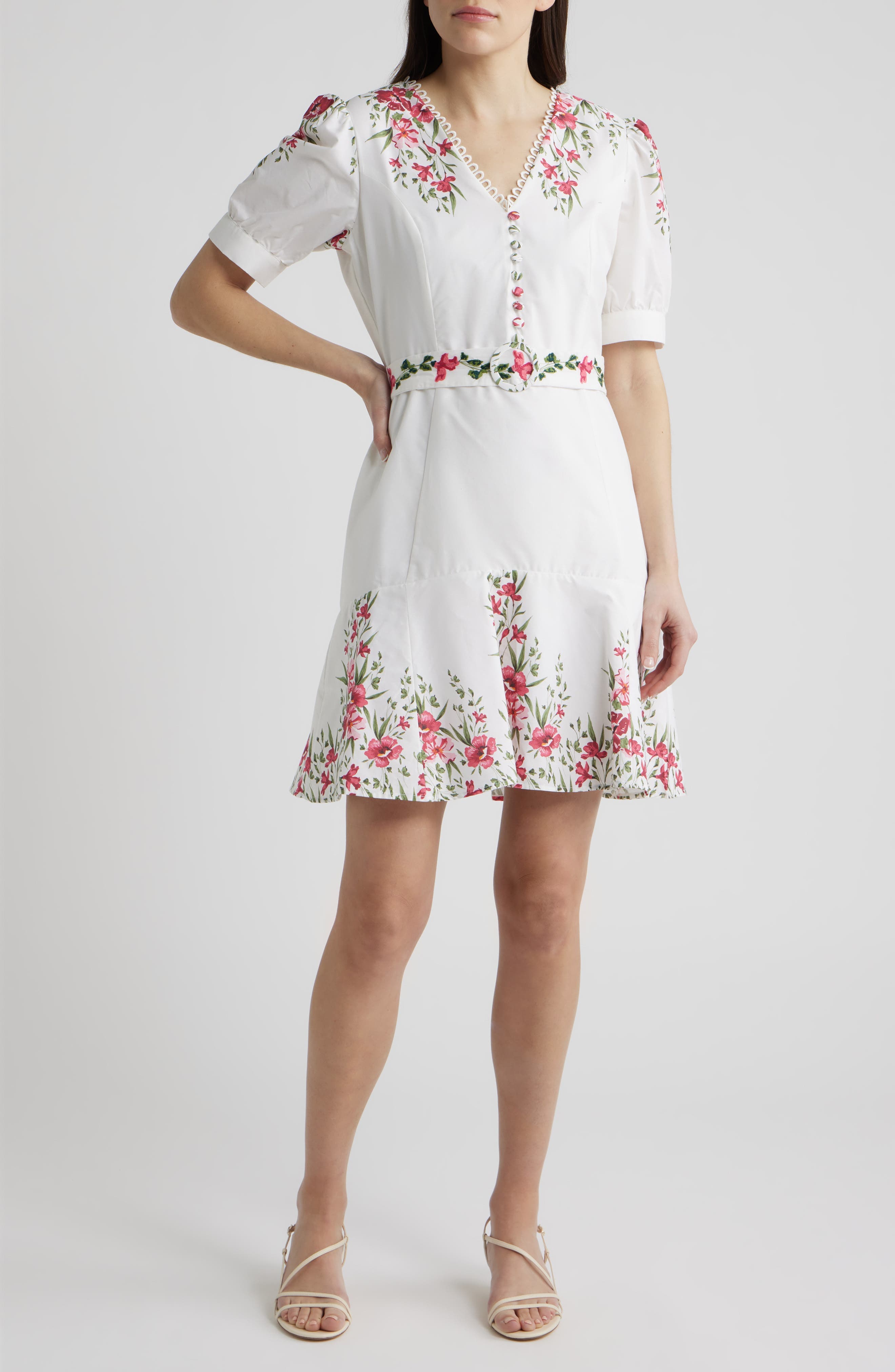 Floral Belted Puff Sleeve Midi Dress - image 1