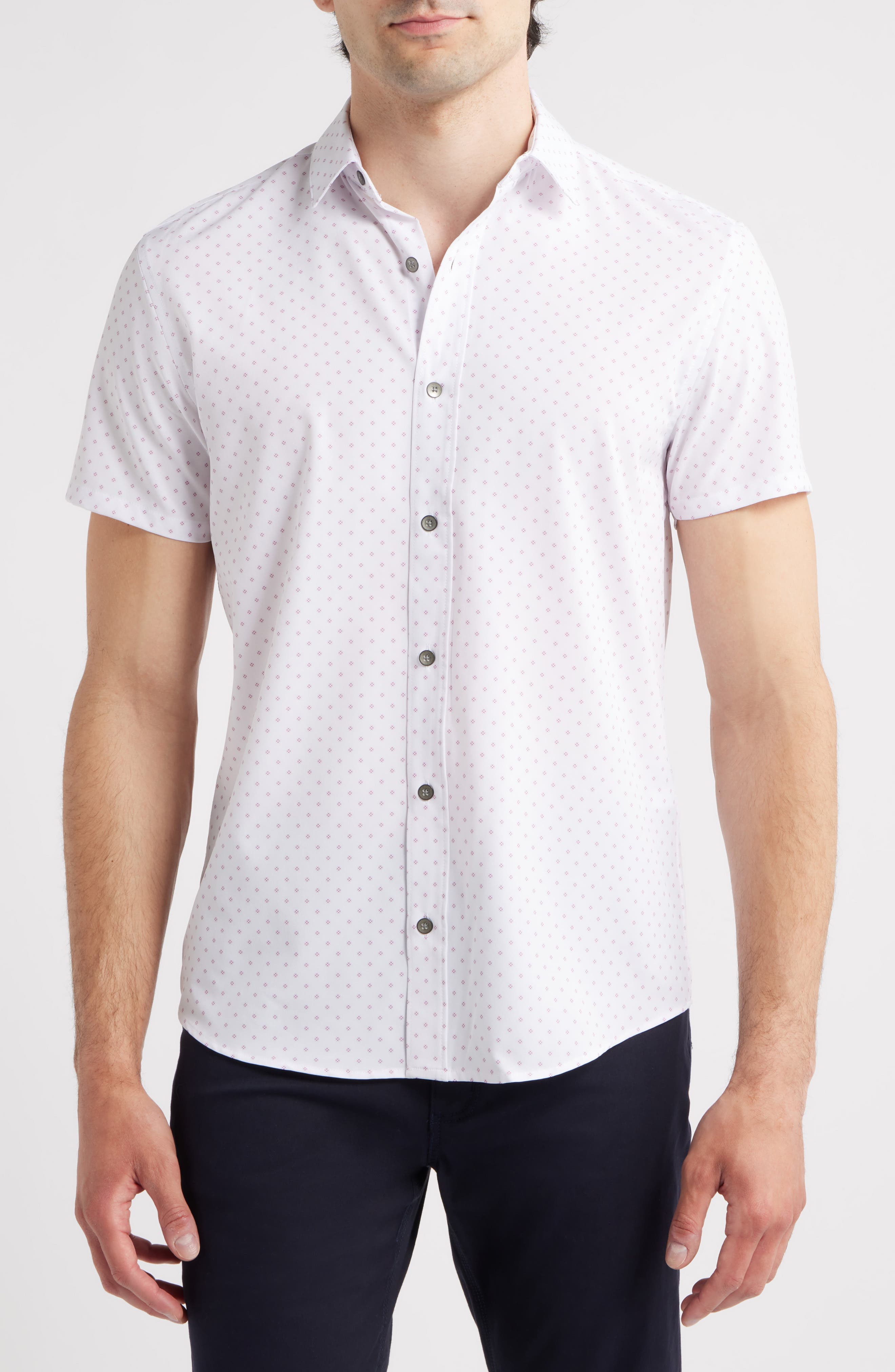 Trim Fit Hashtag Print Short Sleeve Performance Button-Up Shirt - image 3