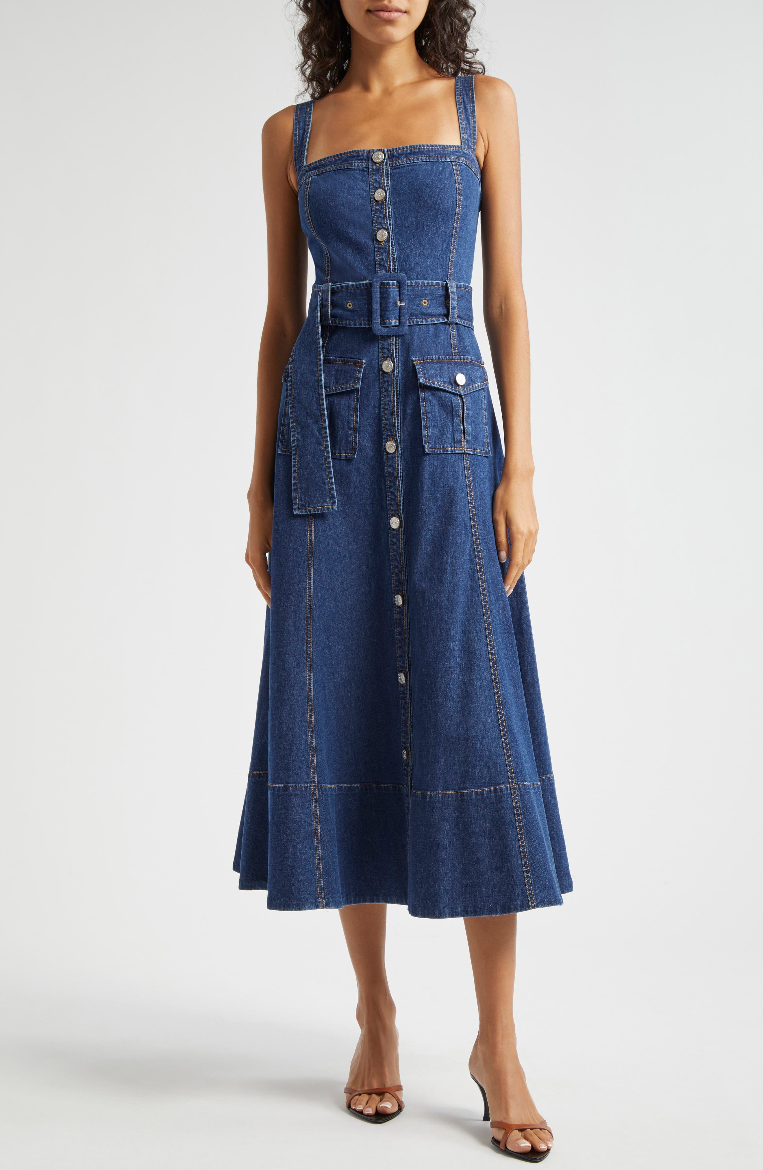 Vega Belted Sleeveless Denim Fit & Flare Midi Dress - image 1