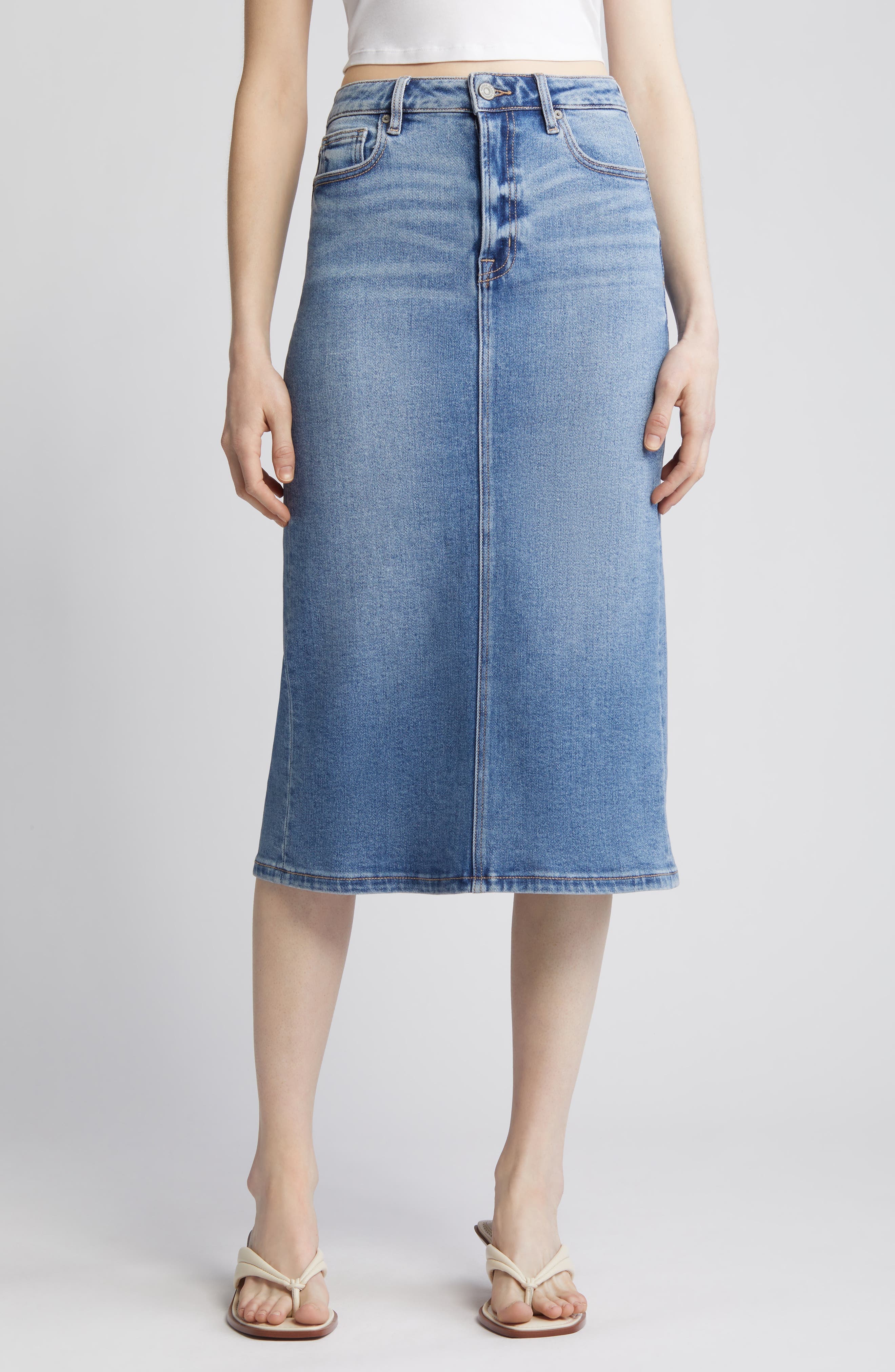 Back Slit Denim Midi Pencil Skirt - image 1
