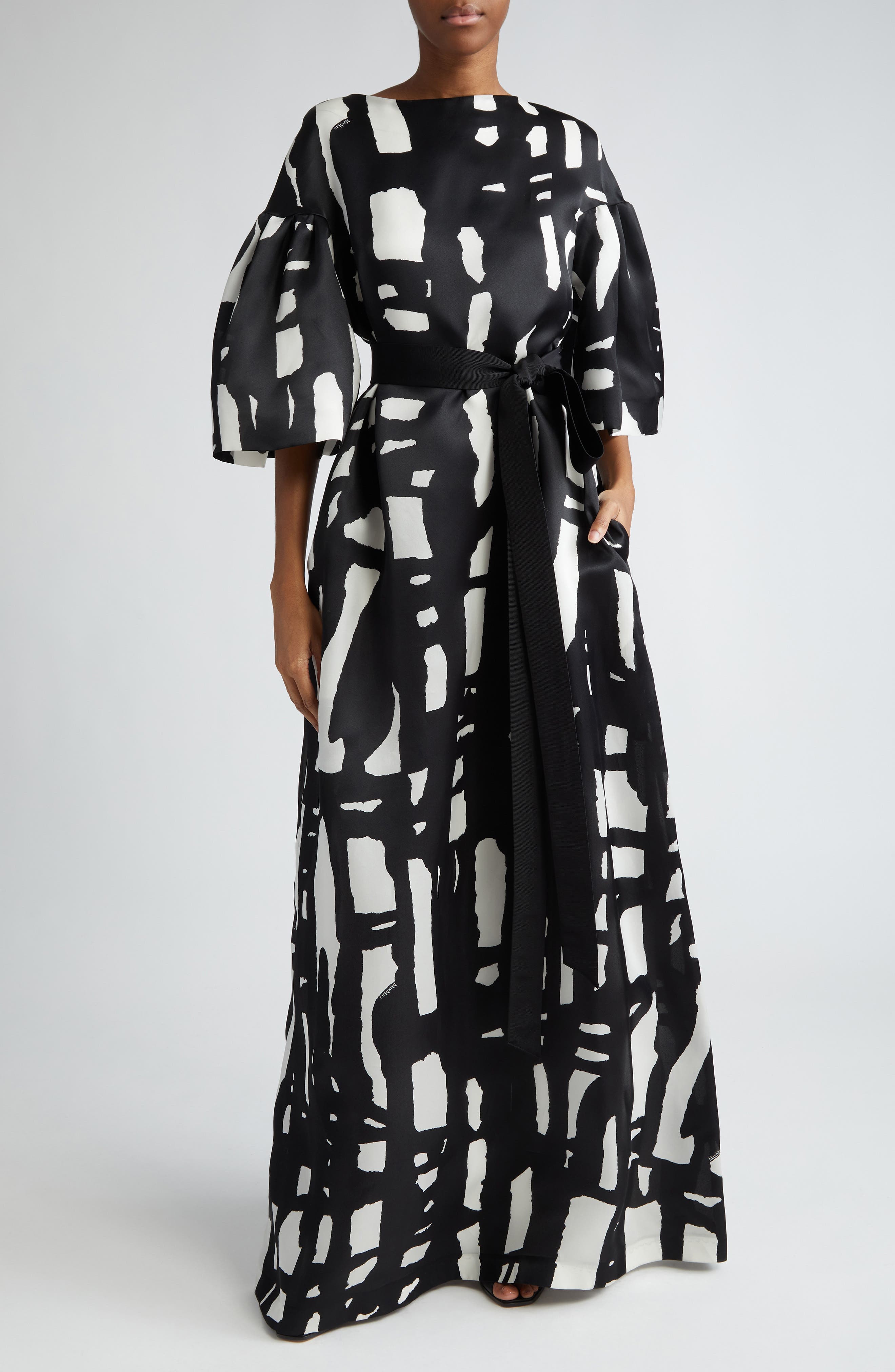 Rubiera Abstract Print Belted Silk Satin Gown - image 1