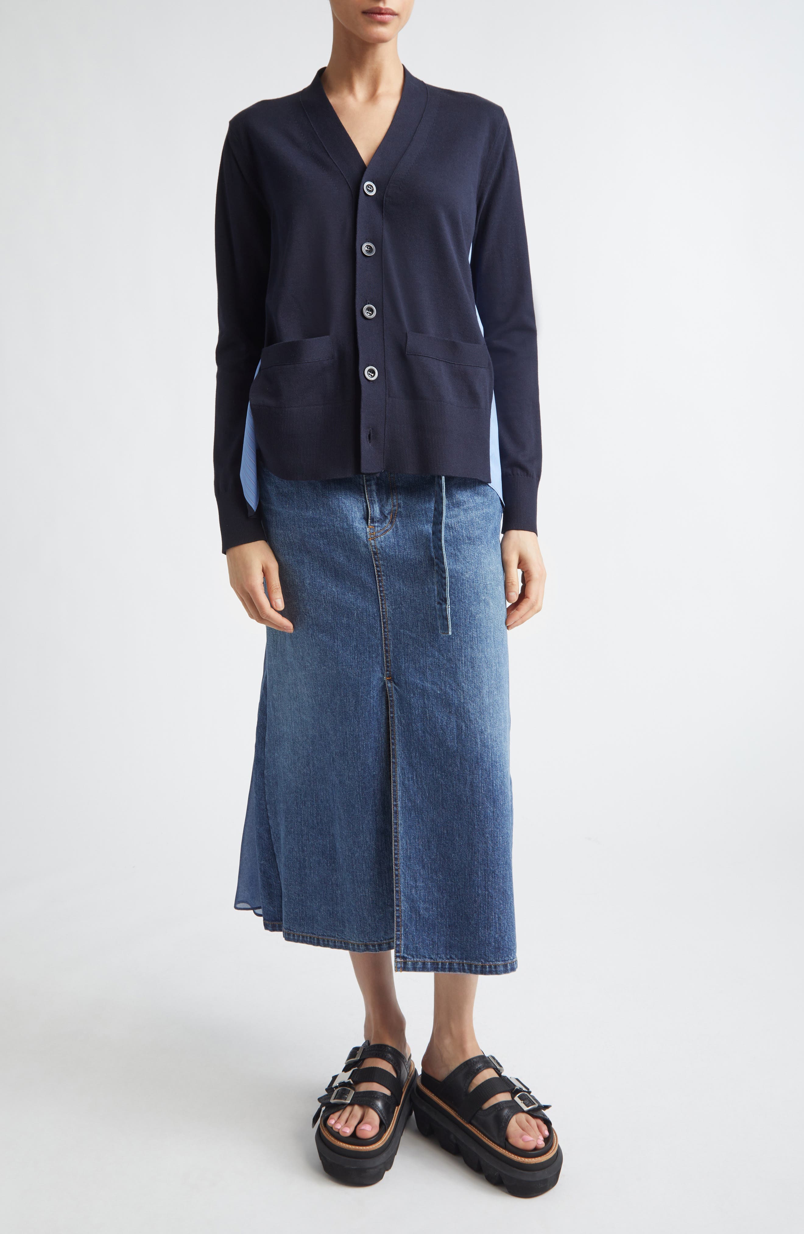Mixed Stripe Media Poplin & Knit Cardigan - image 2