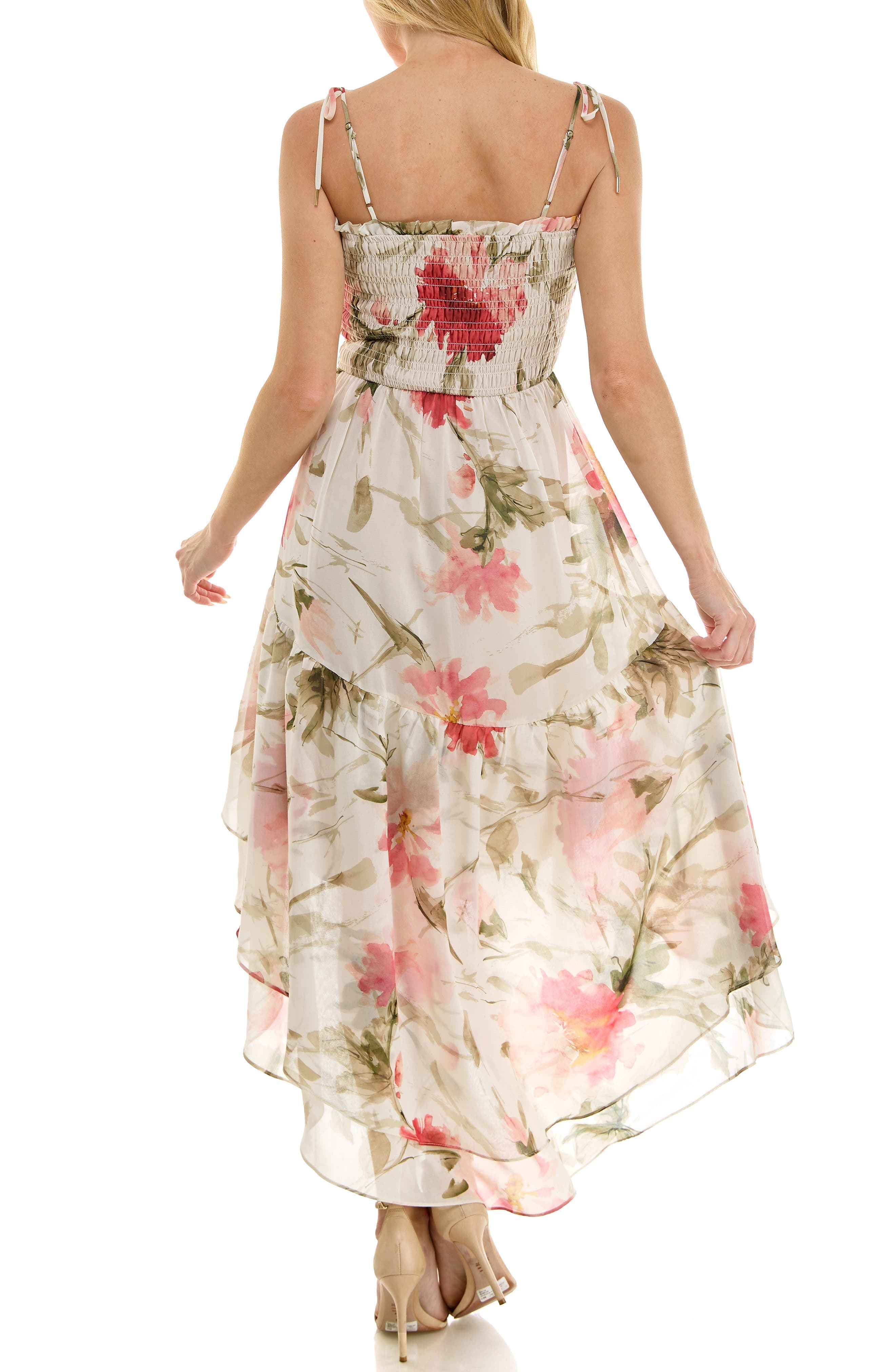 Smocked Bodice Tie Strap High-Low Midi Dress - image 2