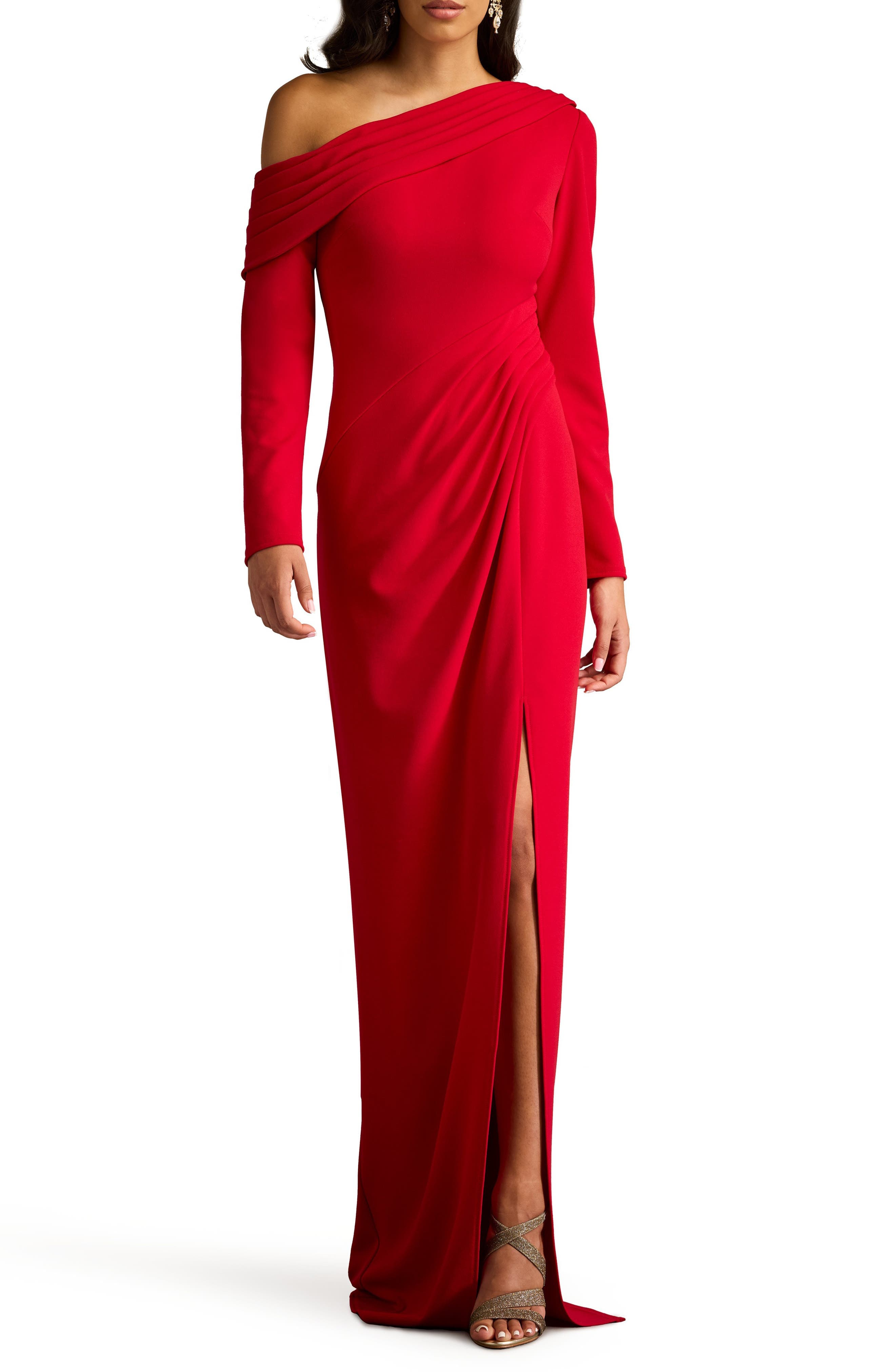 Pleated One-Shoulder Long Sleeve Crepe Gown - image 1
