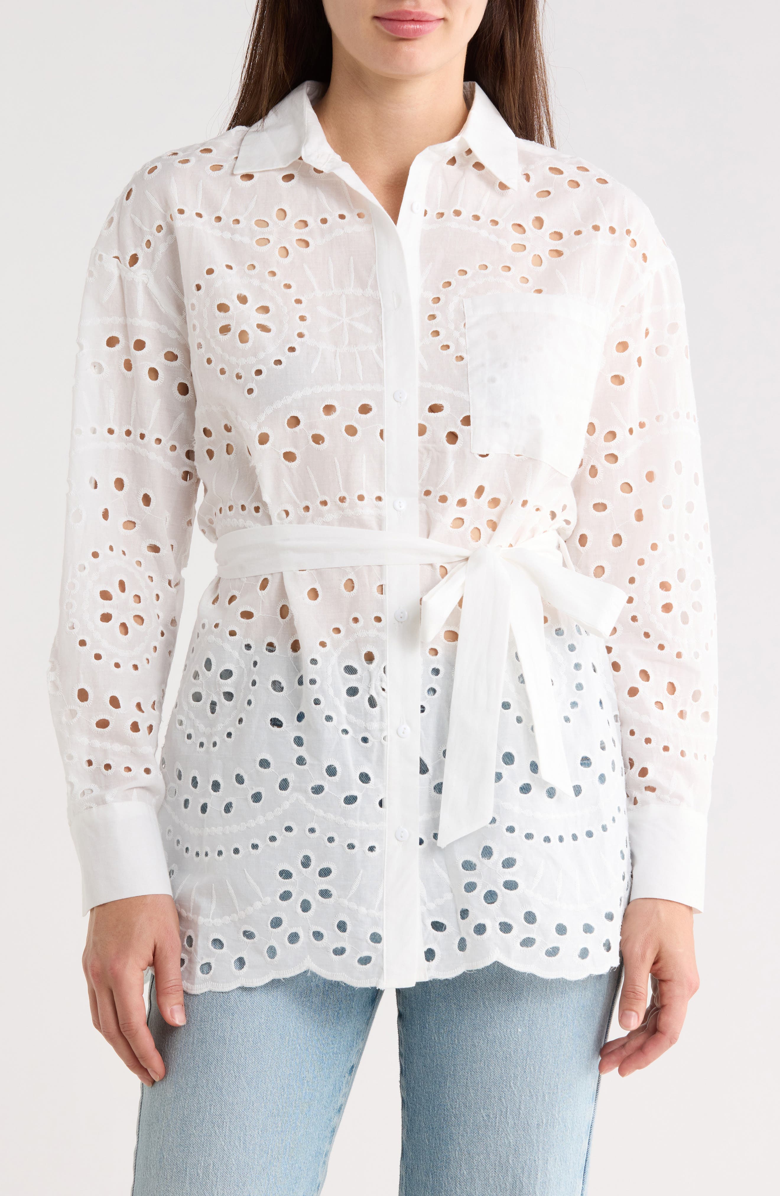 Eyelet Tie Waist Tunic Shirt - image 1
