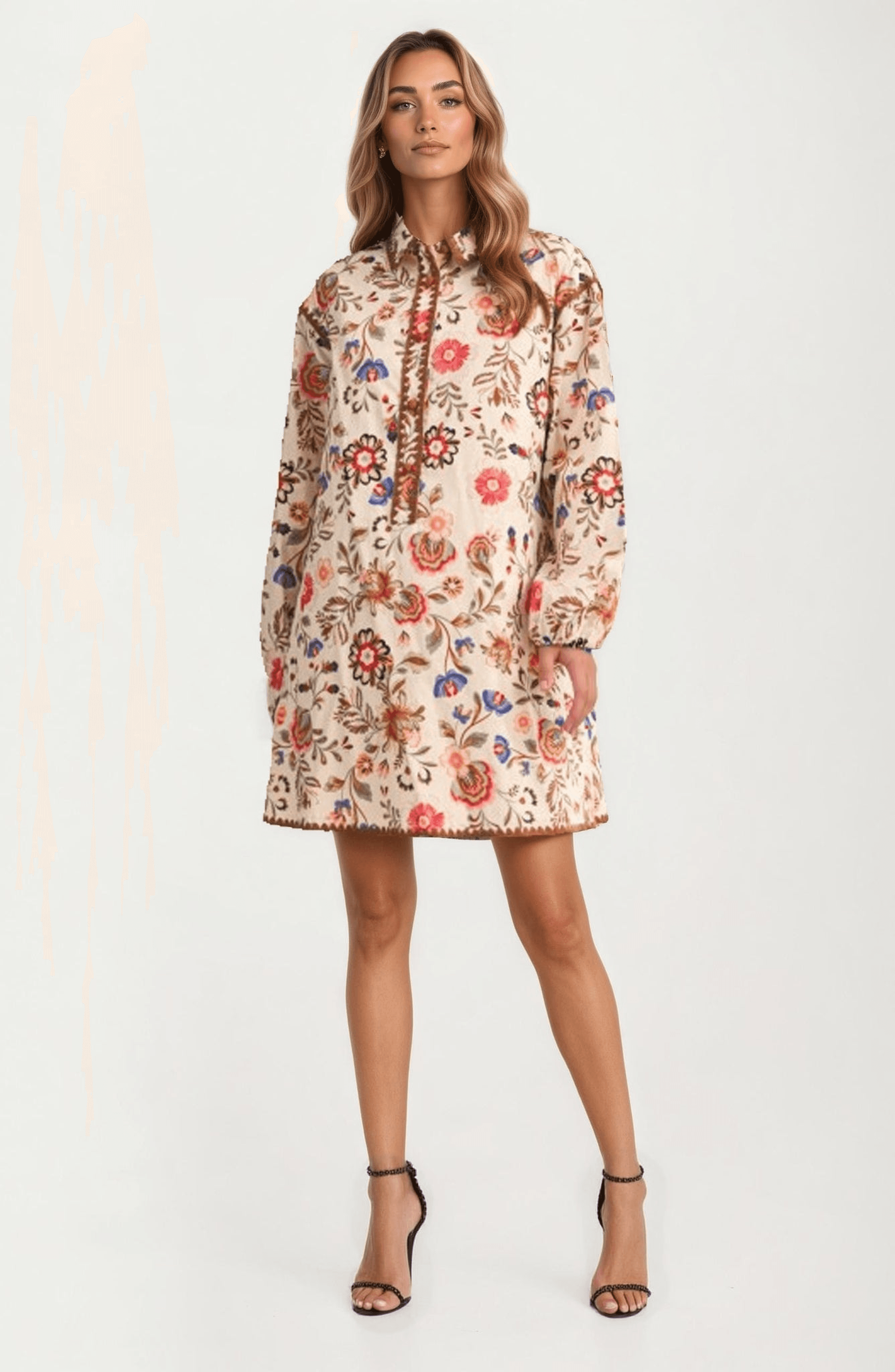 Floral Embroidered Long Sleeve Mini Dress - image 1