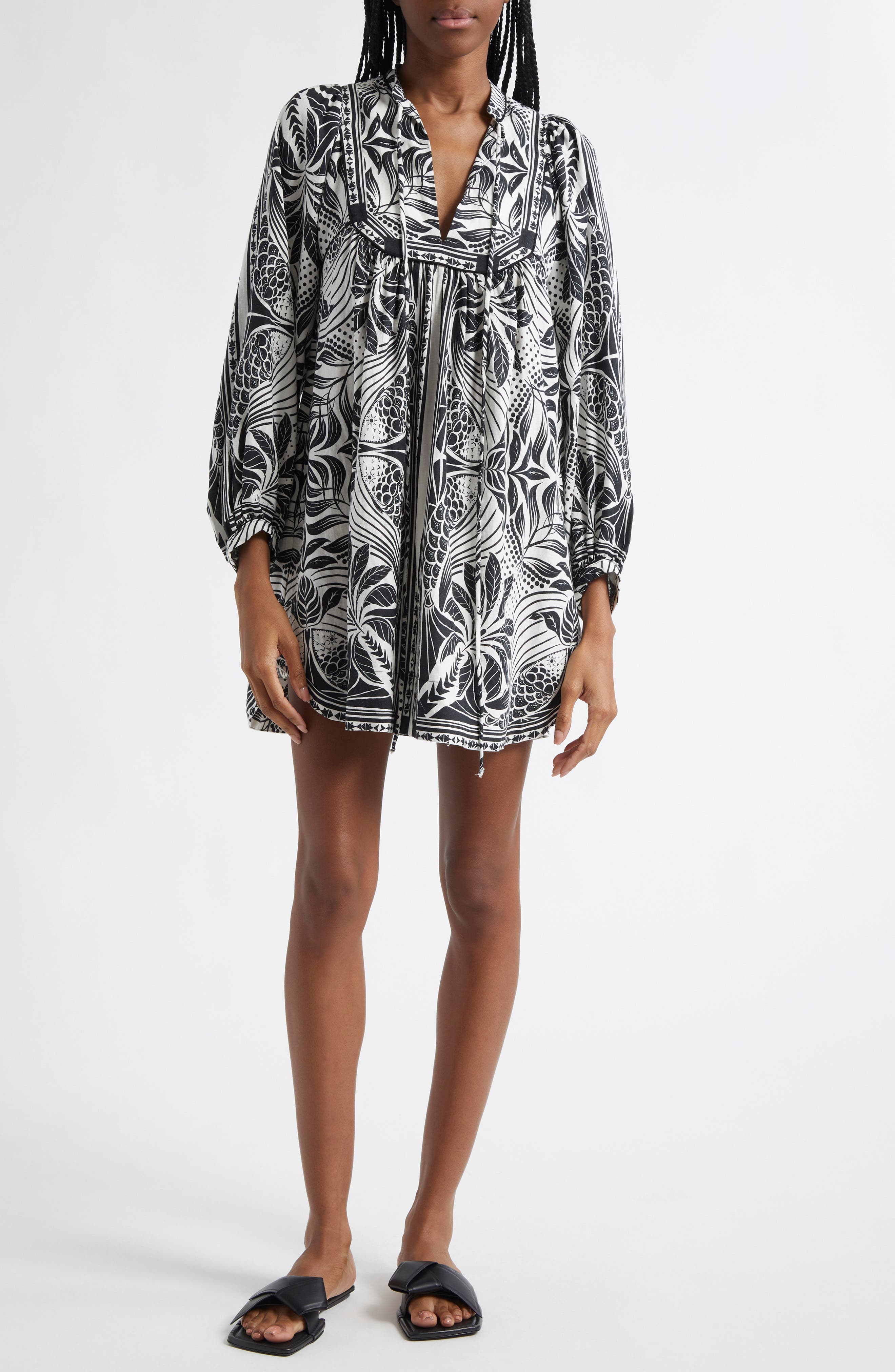 Monochrome Elegance Scarf Print Long Sleeve Linen Blend Minidress - image 1