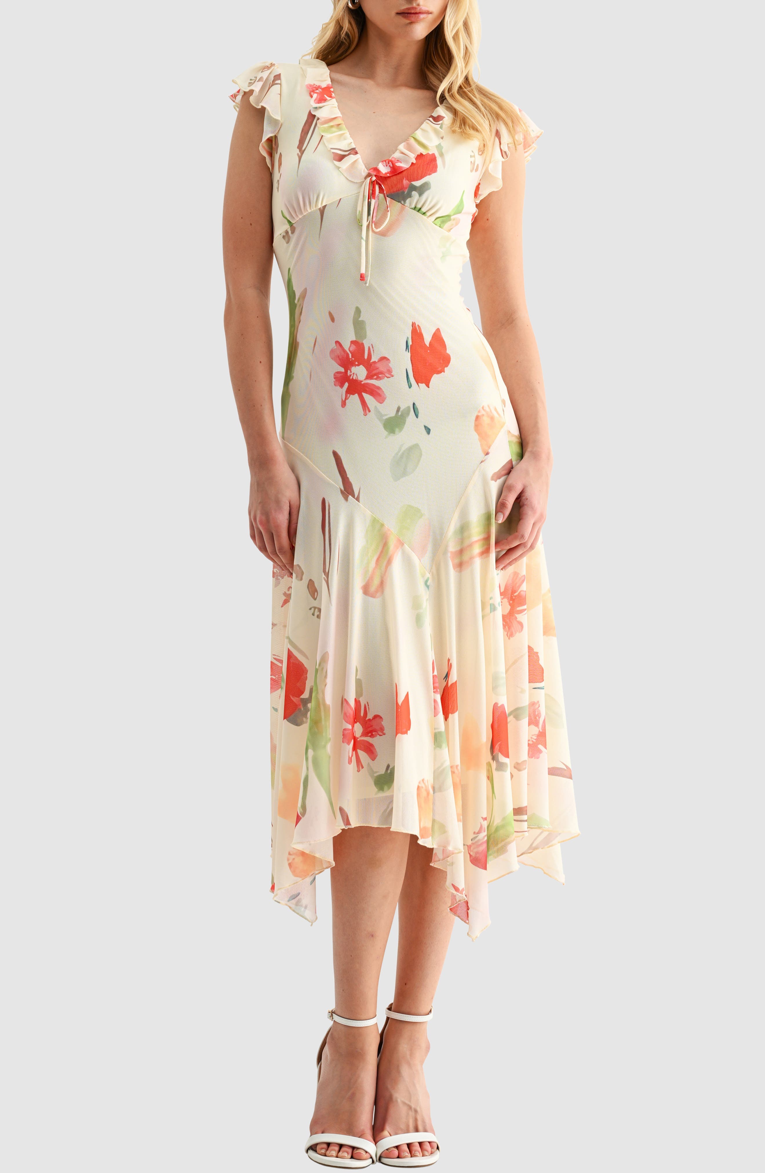 Floral Flutter Sleeve Handkerchief Hem Mesh Dress - image 1