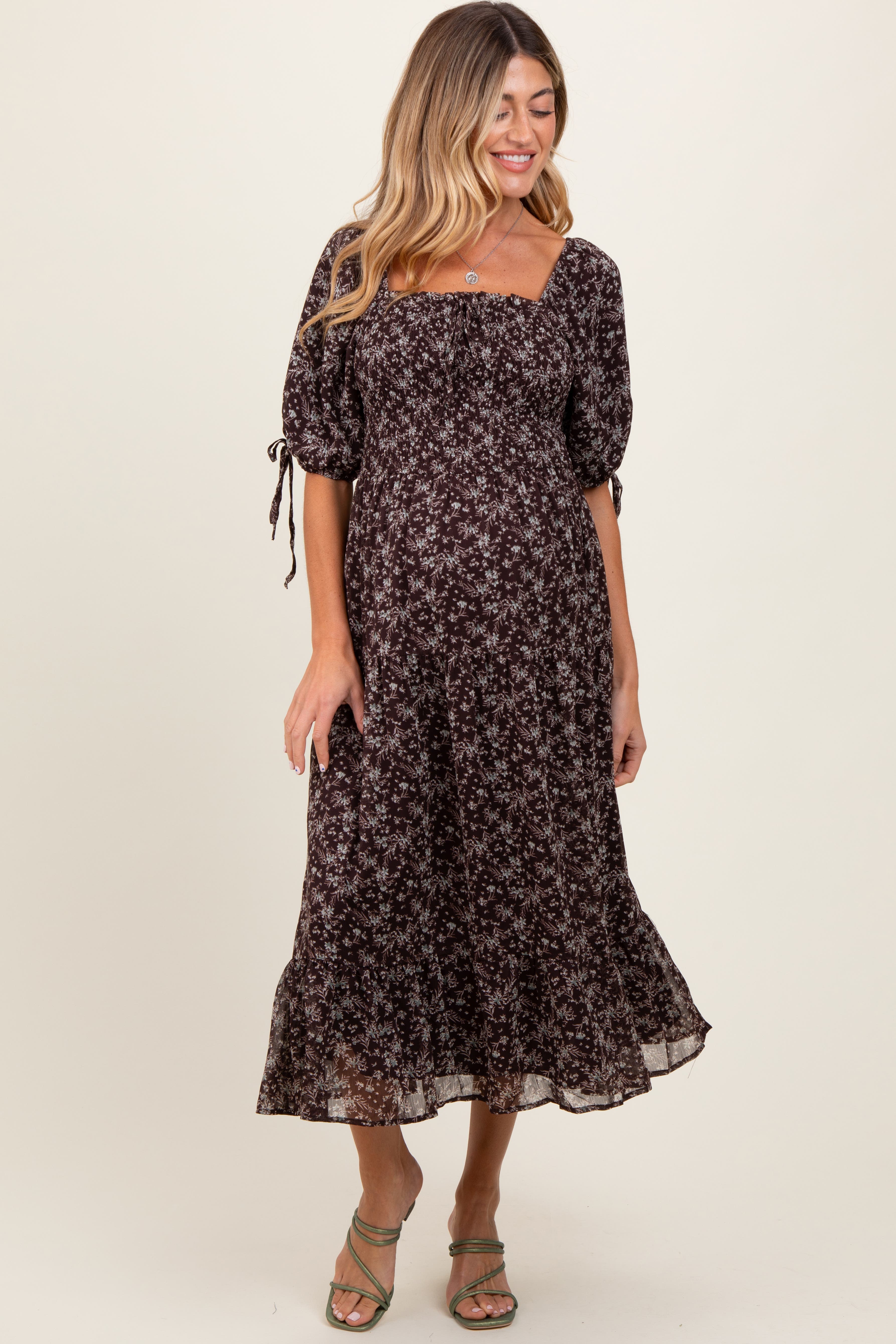 Floral Smocked Sleeve Tie Midi Dress - image 2