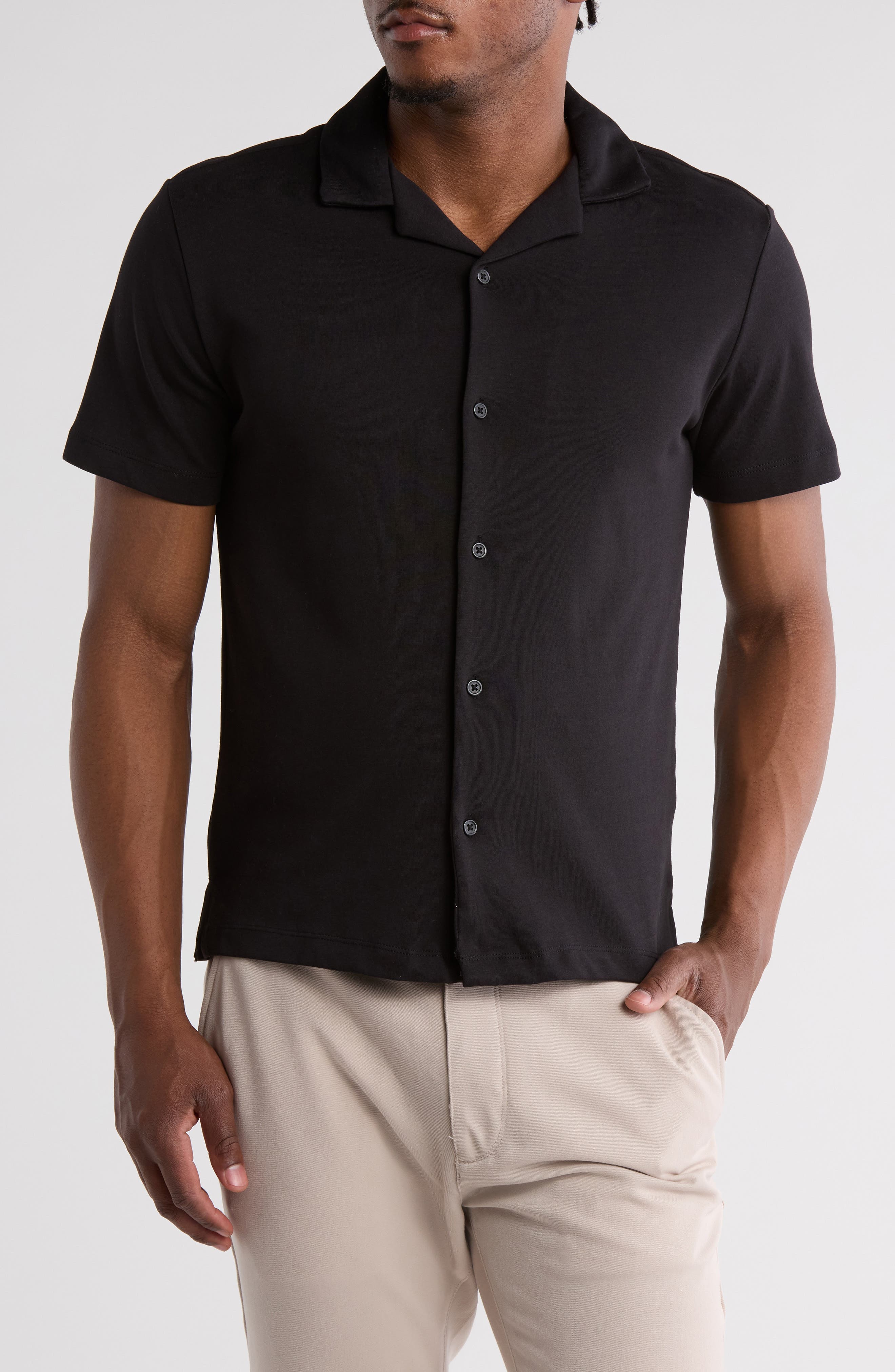 Solid Black Knit Cotton Blend Camp Shirt - image 1