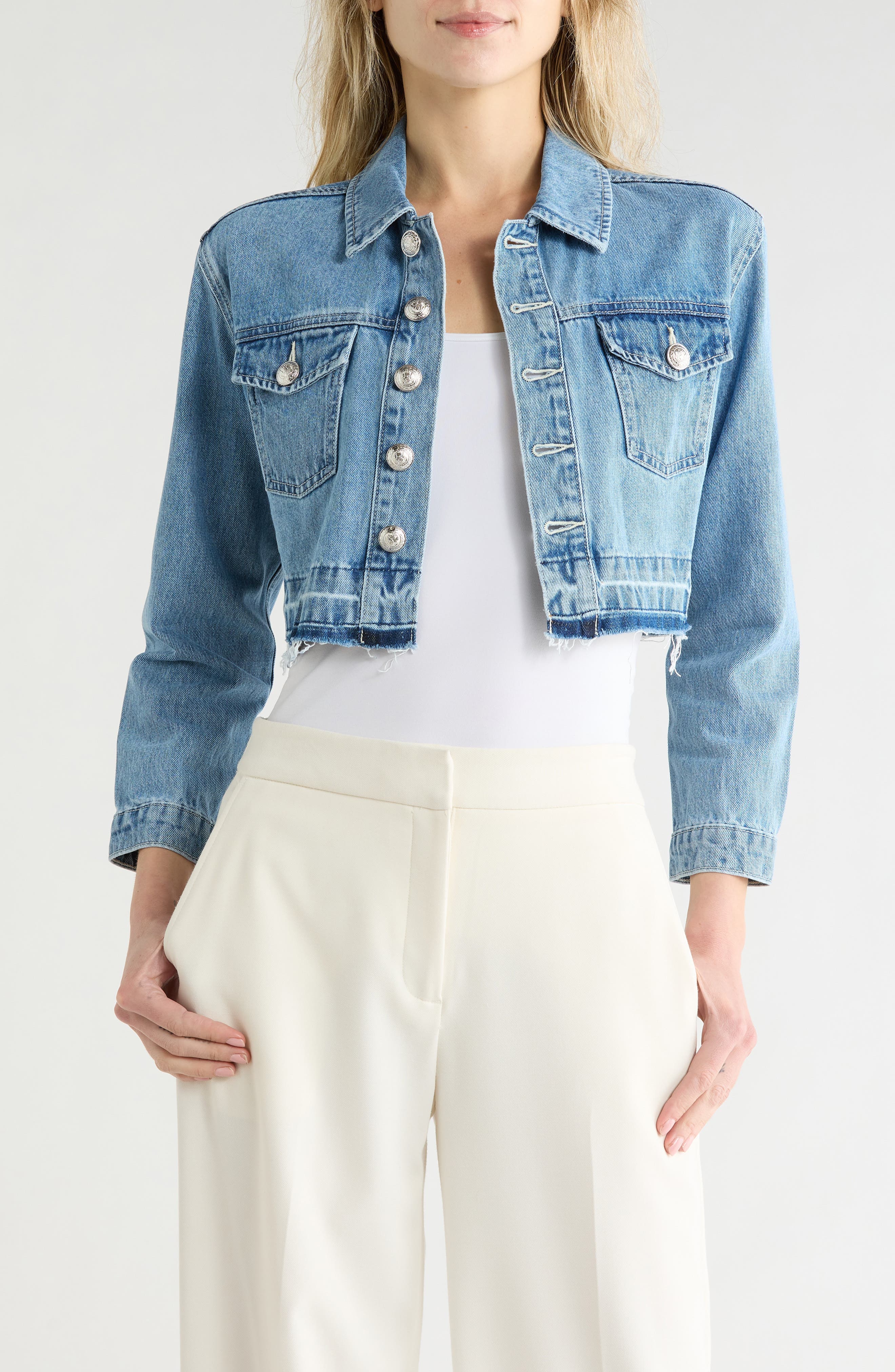 Genevie Raw Hem Crop Denim Jacket - image 1