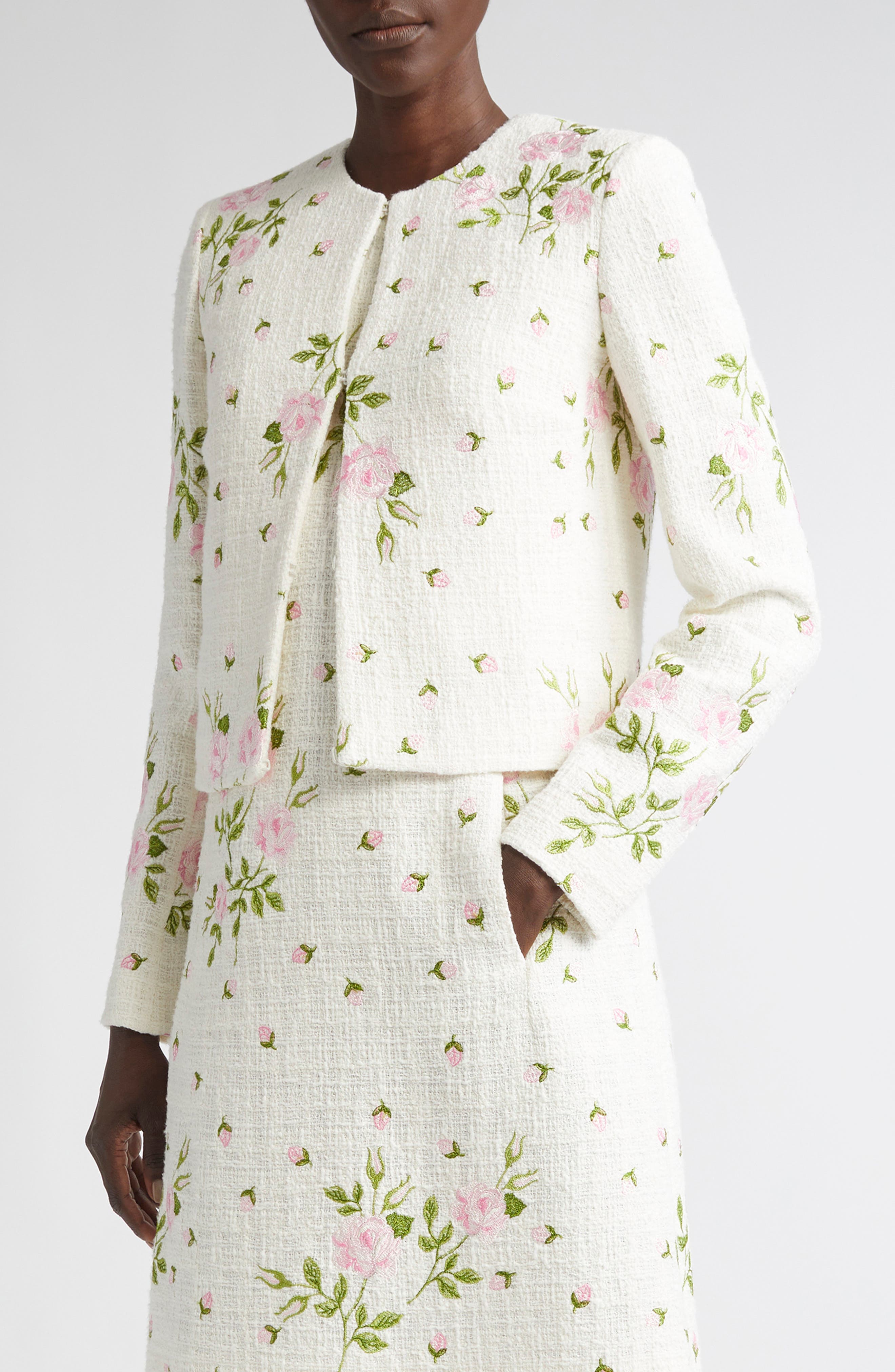 Rose Embroidered Cotton Blend Jacket