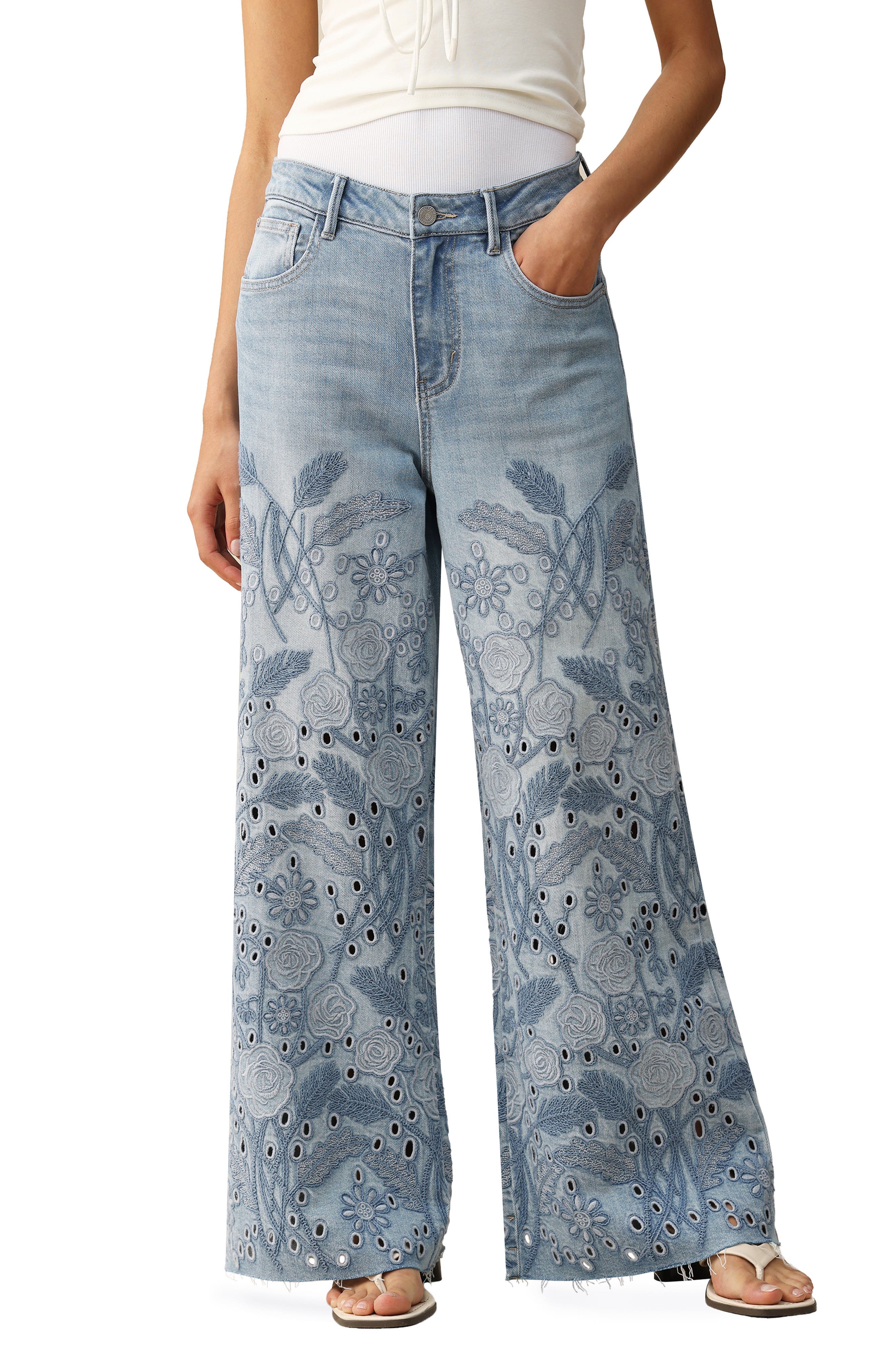 Embroidered High Waist Wide Leg Jeans - image 1