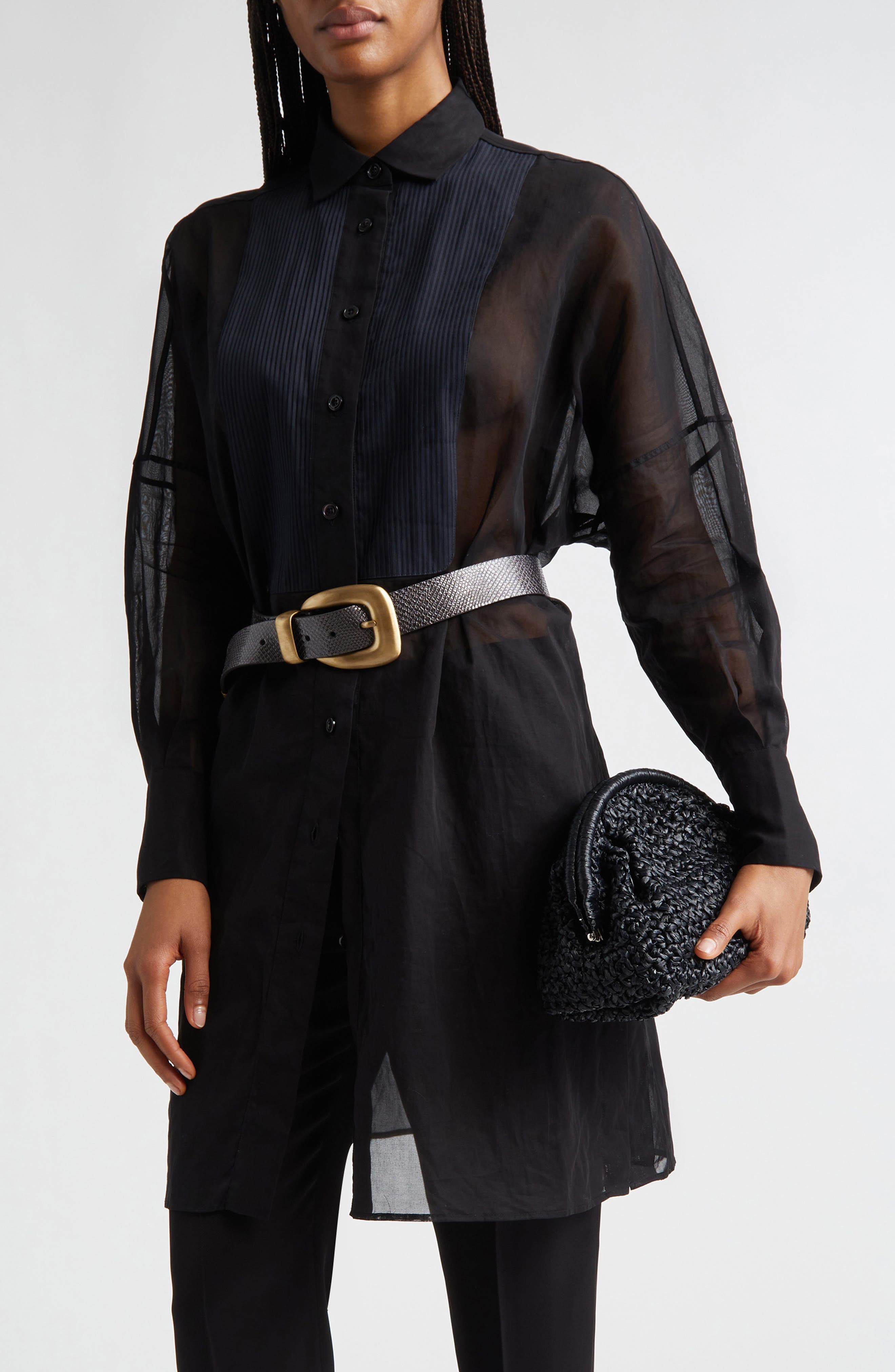 Tunic Cotton Gauze Button-Up Tuxedo Shirt - image 1