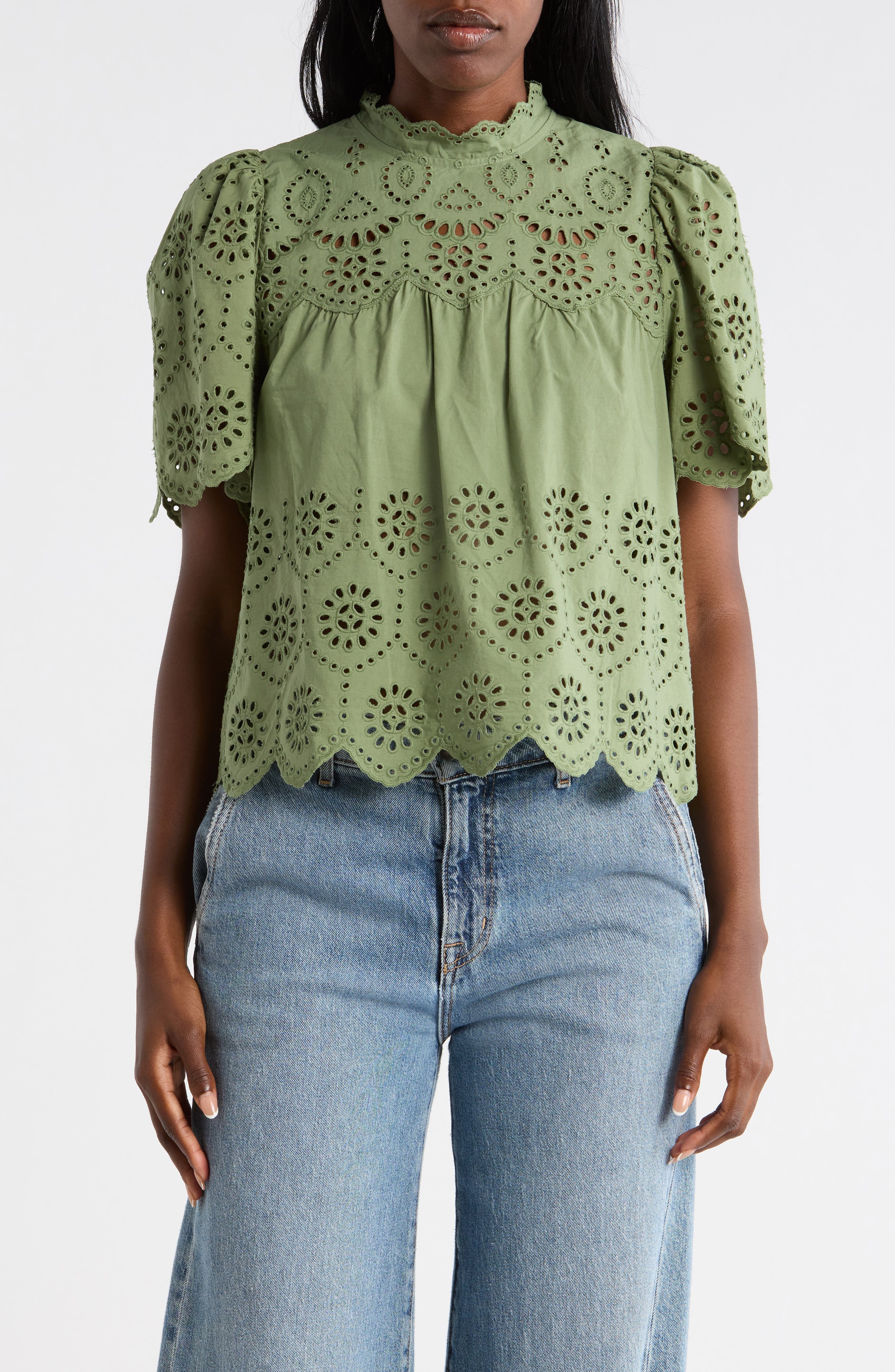 Embroidered Eyelet Short Sleeve Cotton Top - image 3