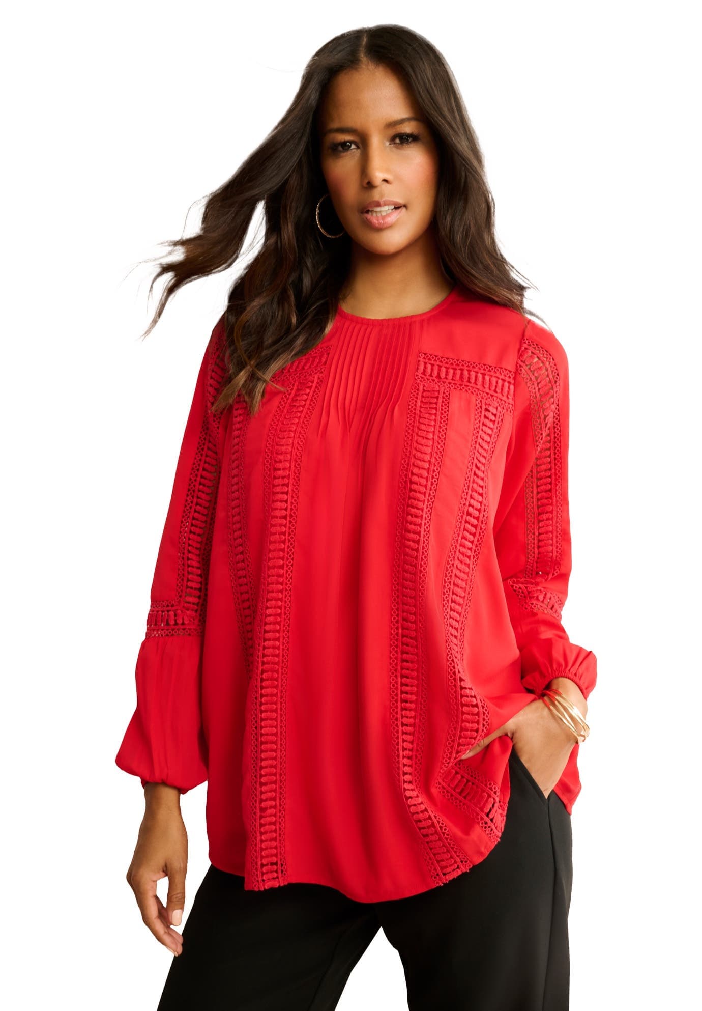 Lace-Trim Blouson-Sleeve Top - image 5