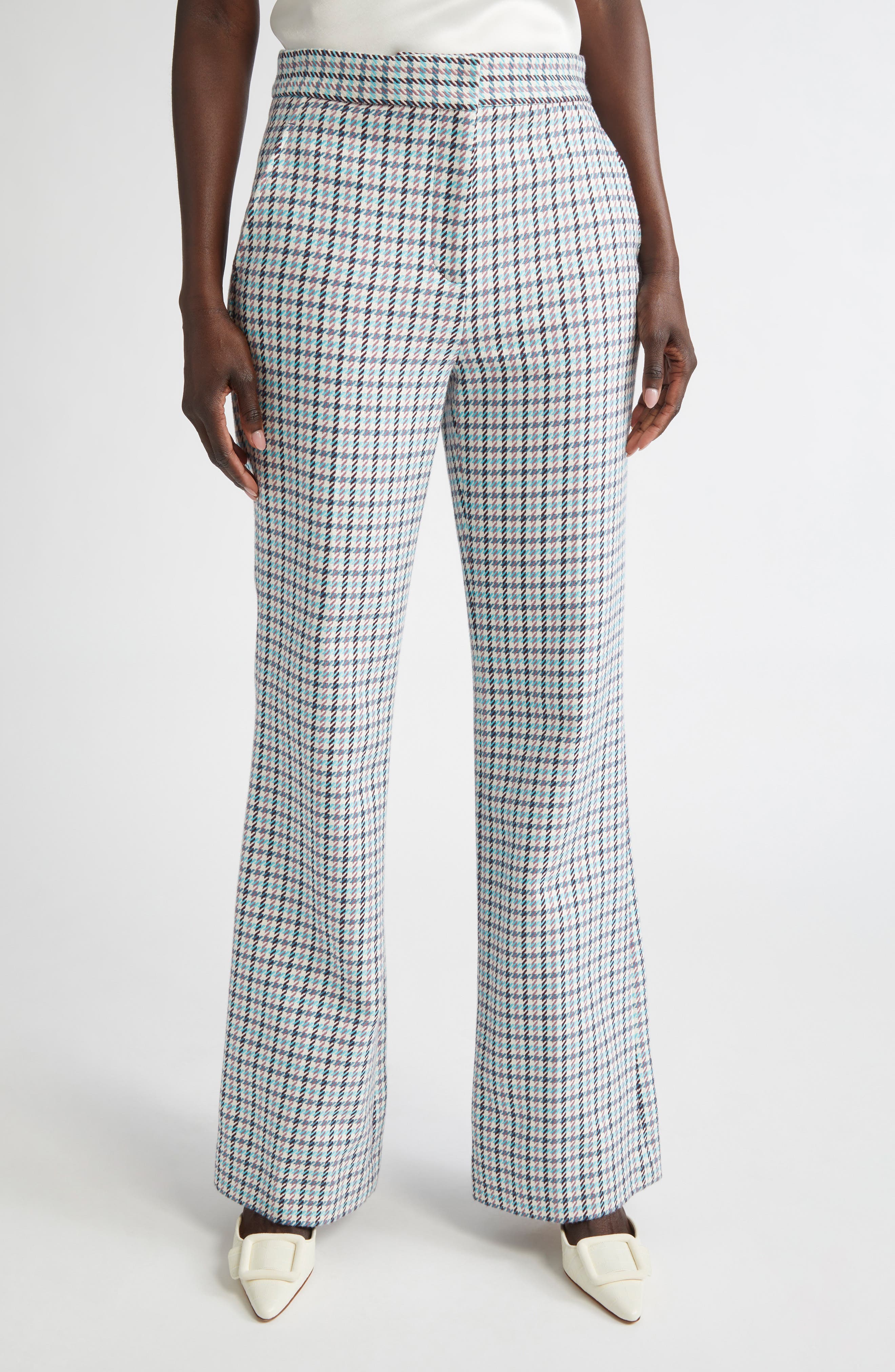 Houndstooth Stretch Cotton Flare Leg Pants - image 1