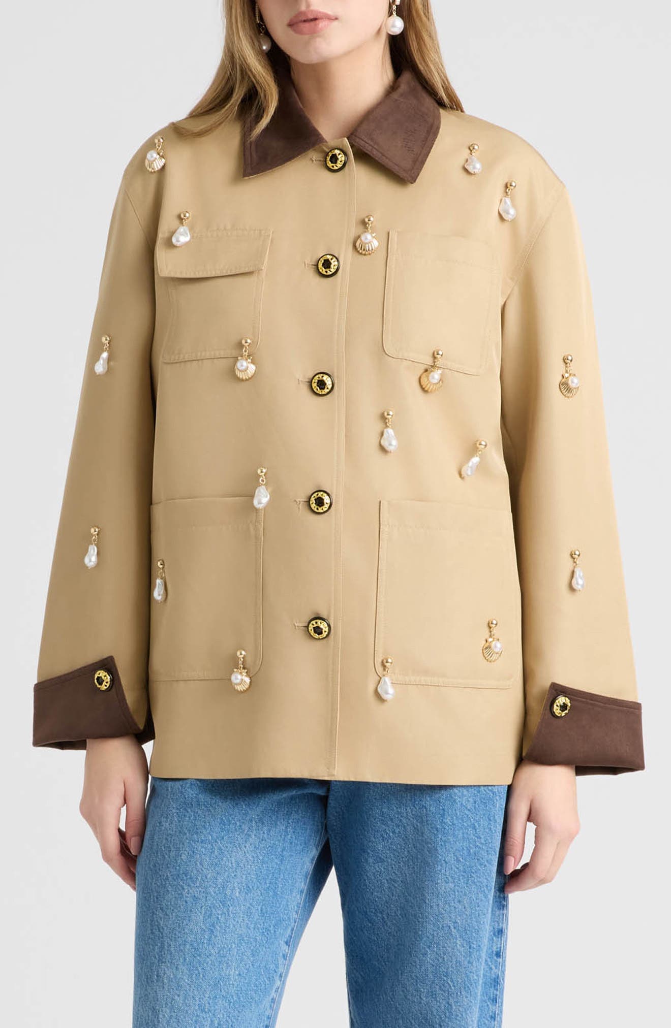 Faux Pearl Charm Detail Twill Jacket - image 1