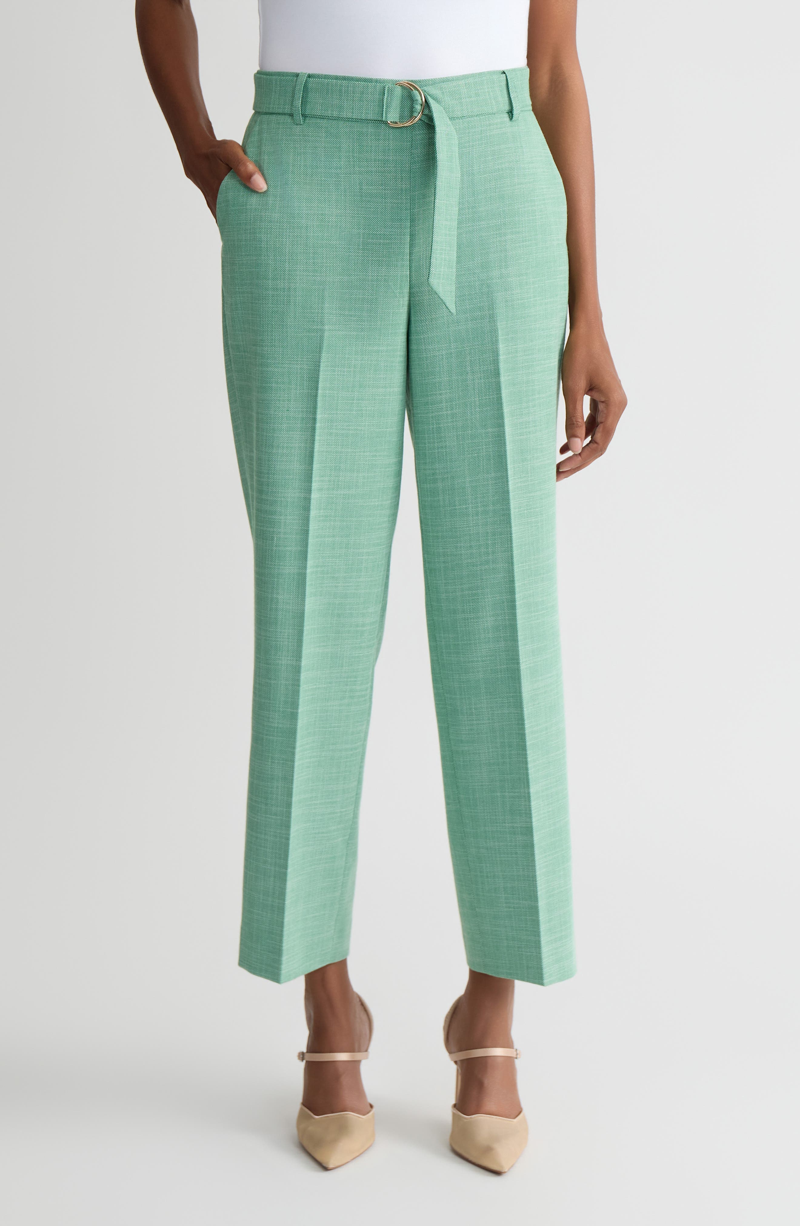 Belted Elastic Back Straight Leg Ankle Pants - image 1