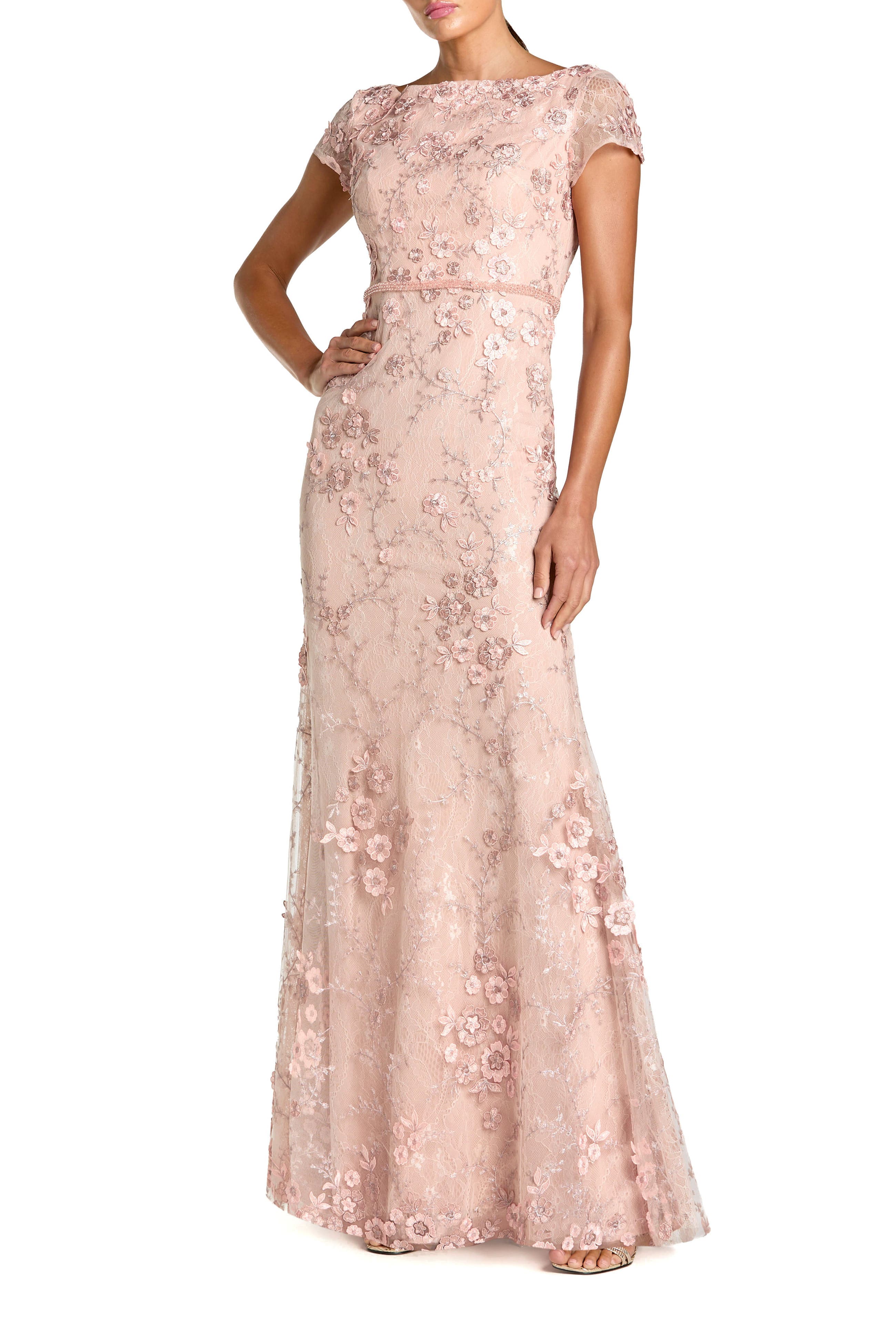 Floral Applique Boat Neck Cap Sleeve Gown - image 3