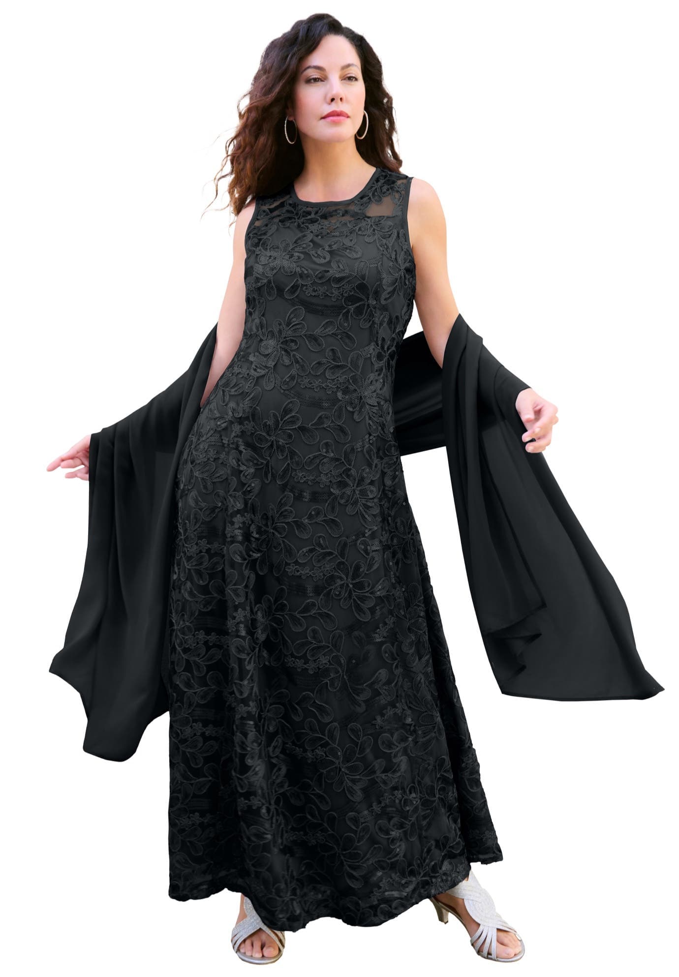 Plus-Size Allover Lace Embellished Shawl Gown - image 1