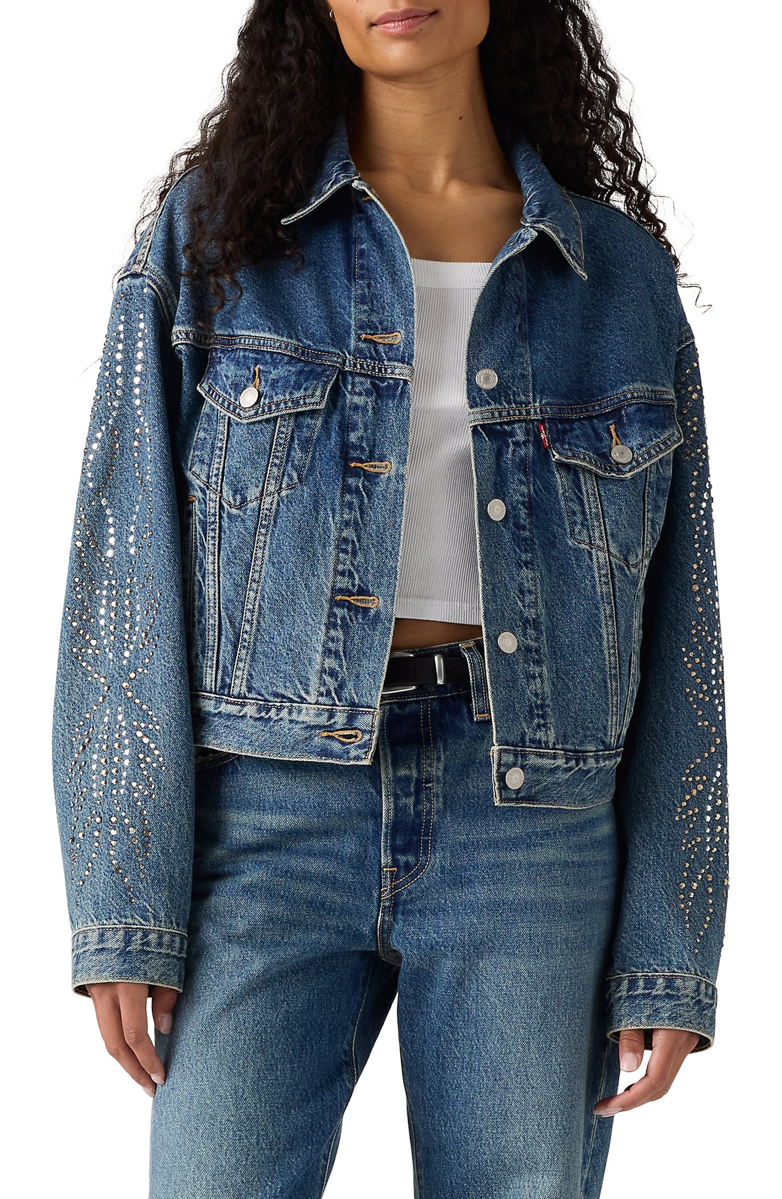 Shrunken '90s Embellished Crop Denim Trucker Jacket - image 1