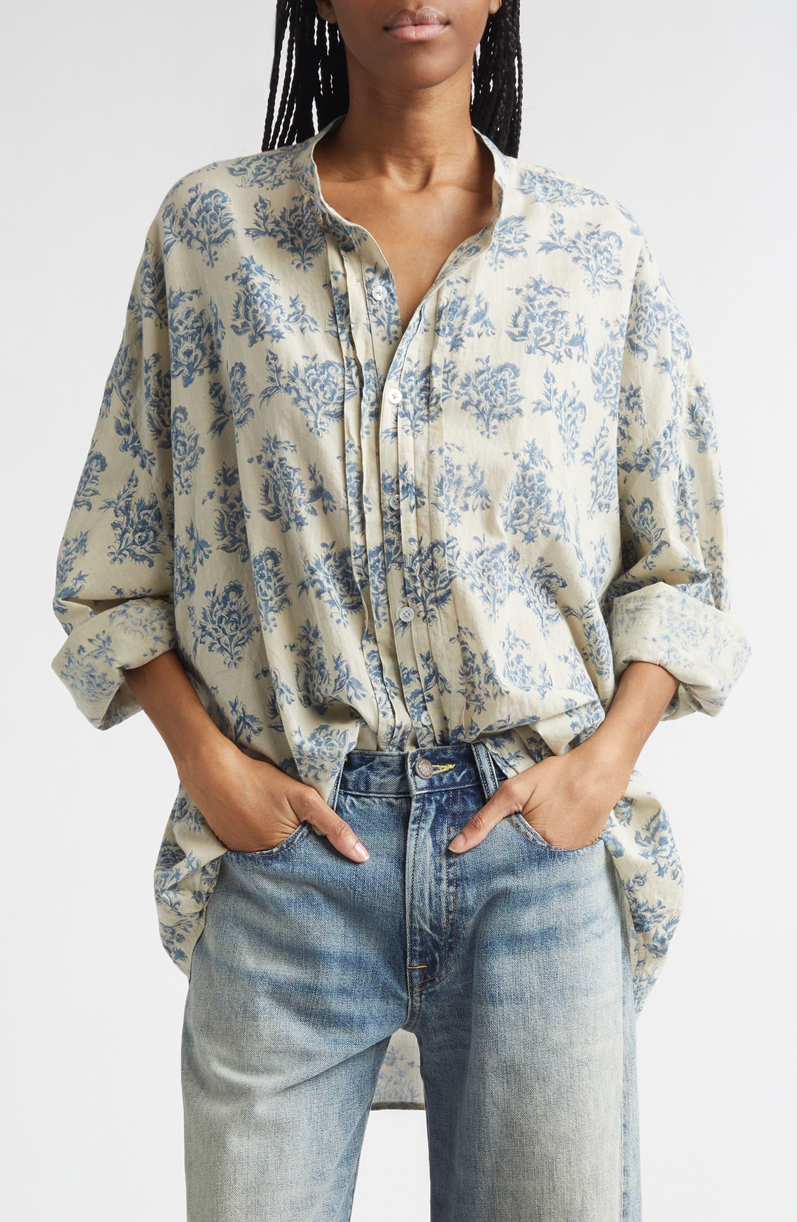 Pleated Front Floral Button-Up Shirt - image 1