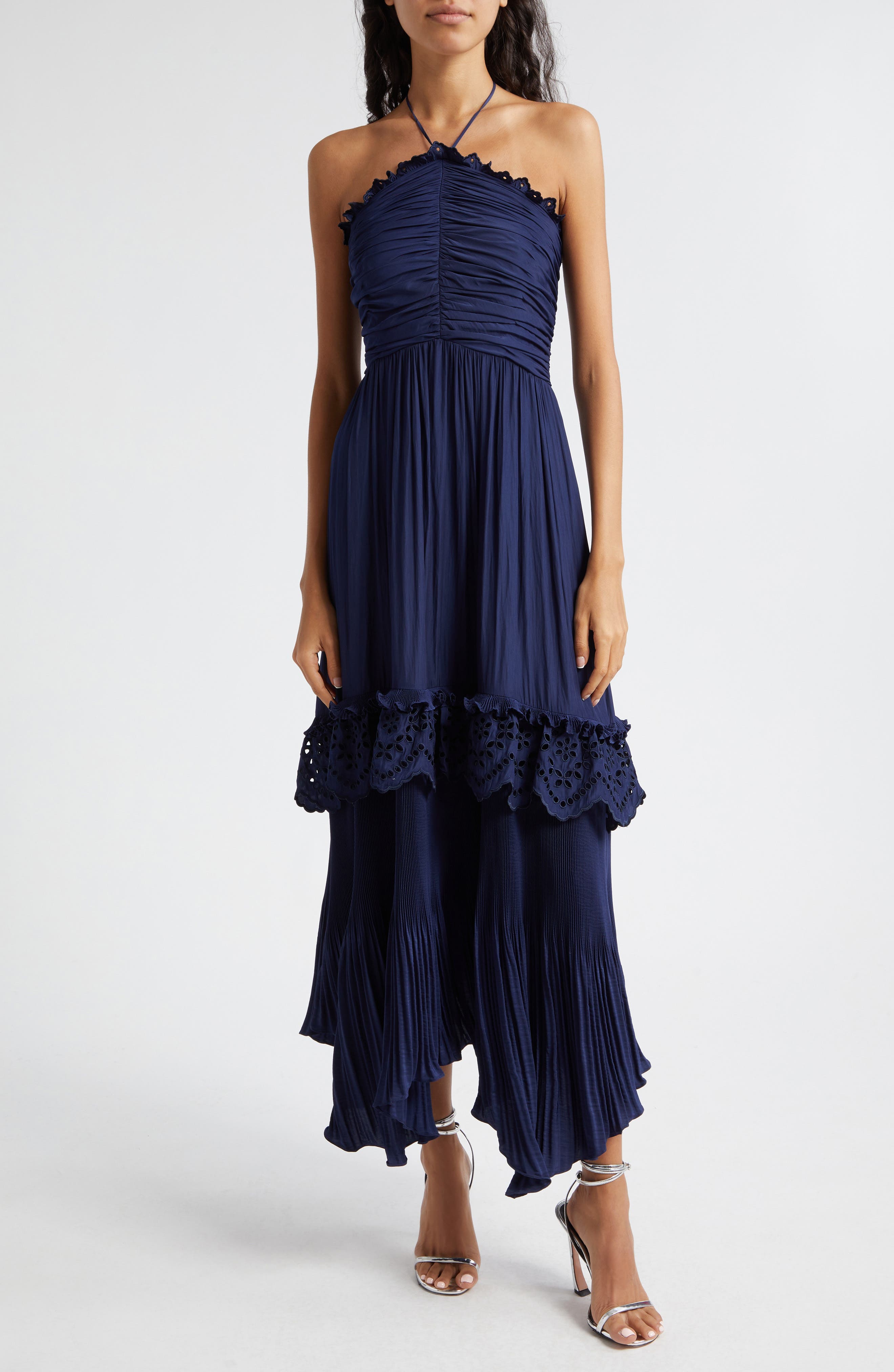 Dulce Eyelet Ruffle Plisse Halter Maxi Dress - image 1
