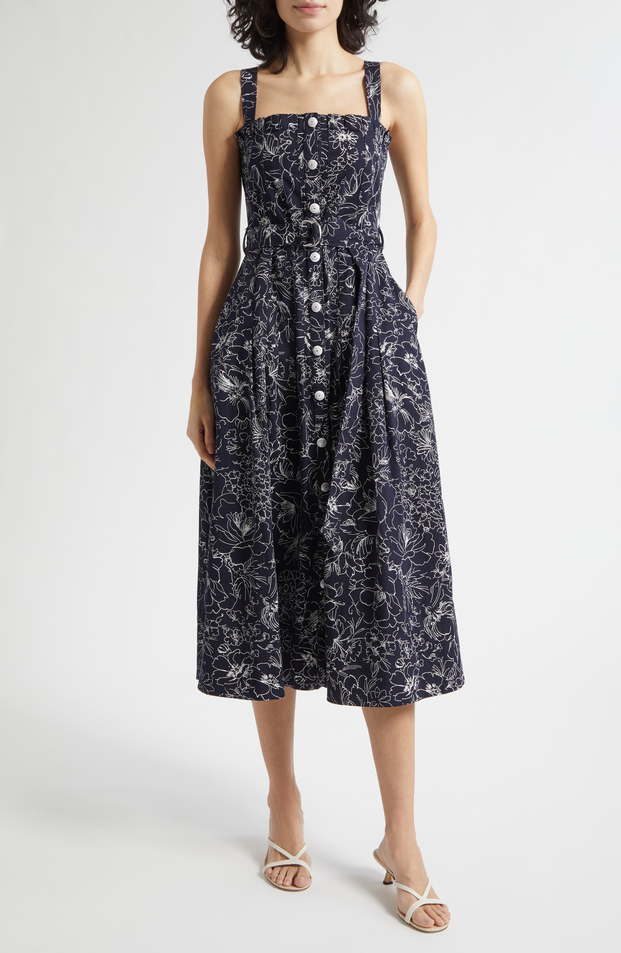 Branwen Garden Doodle Belted Denim A-Line Midi Dress - image 1