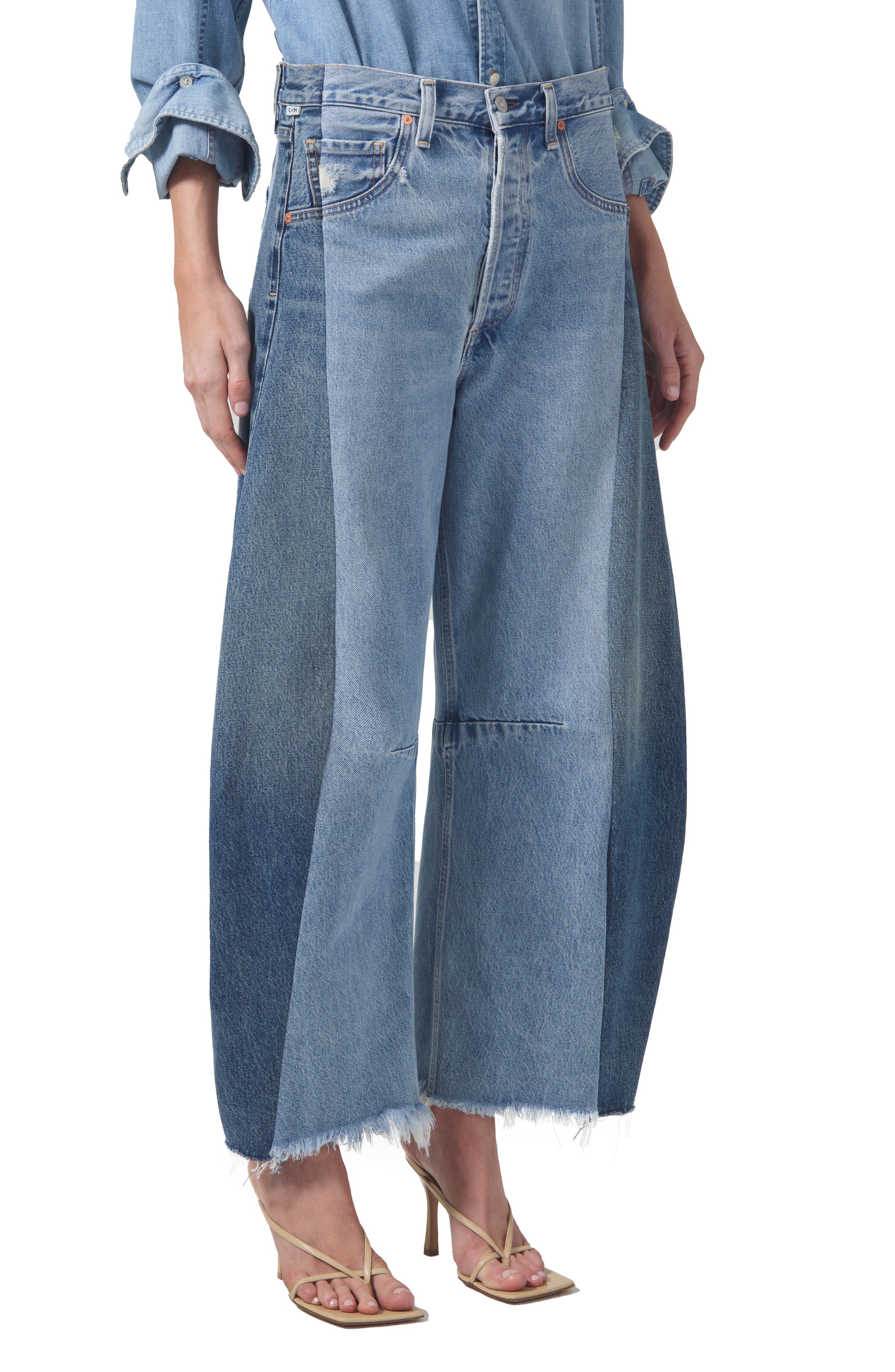 Pieced Horseshoe Raw Hem Ankle Wide Leg Jeans - image 1