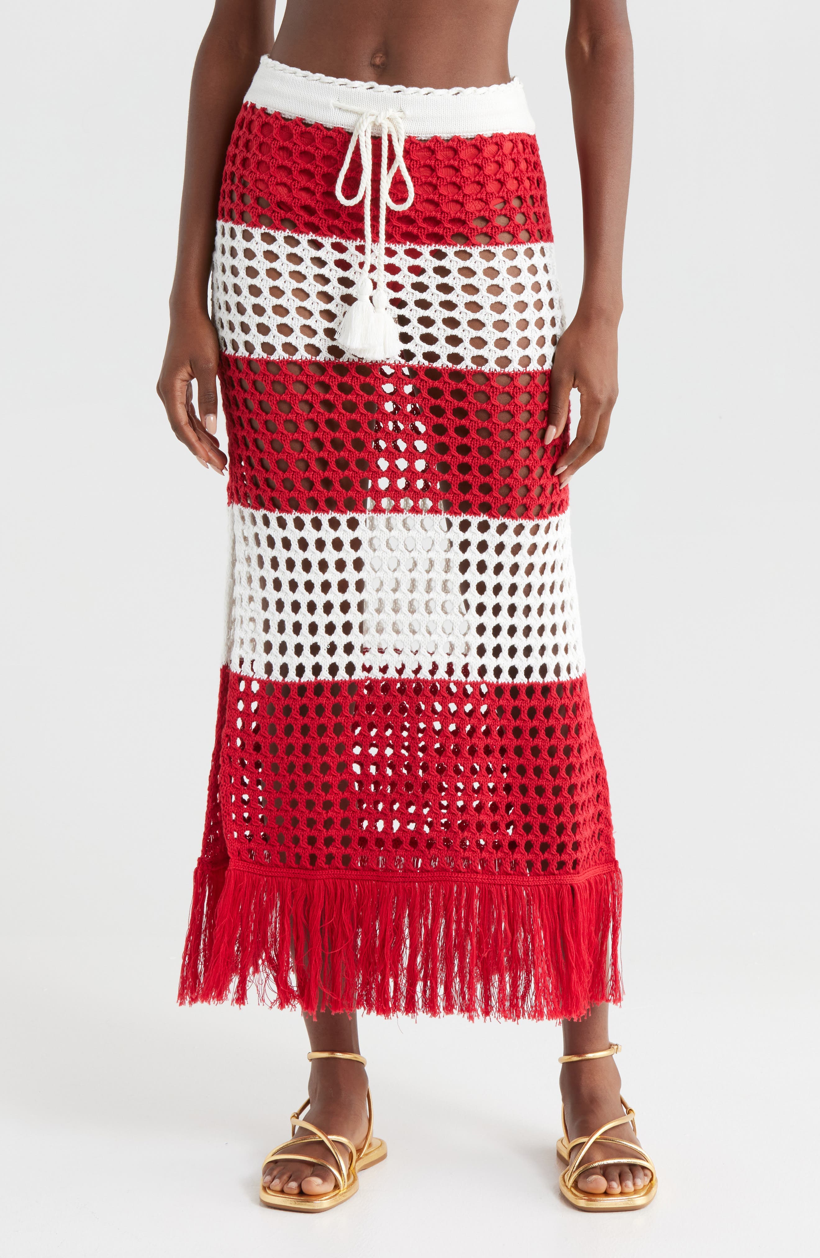 Red Stripes Crochet Cotton Cover-Up Maxi Skirt - image 1