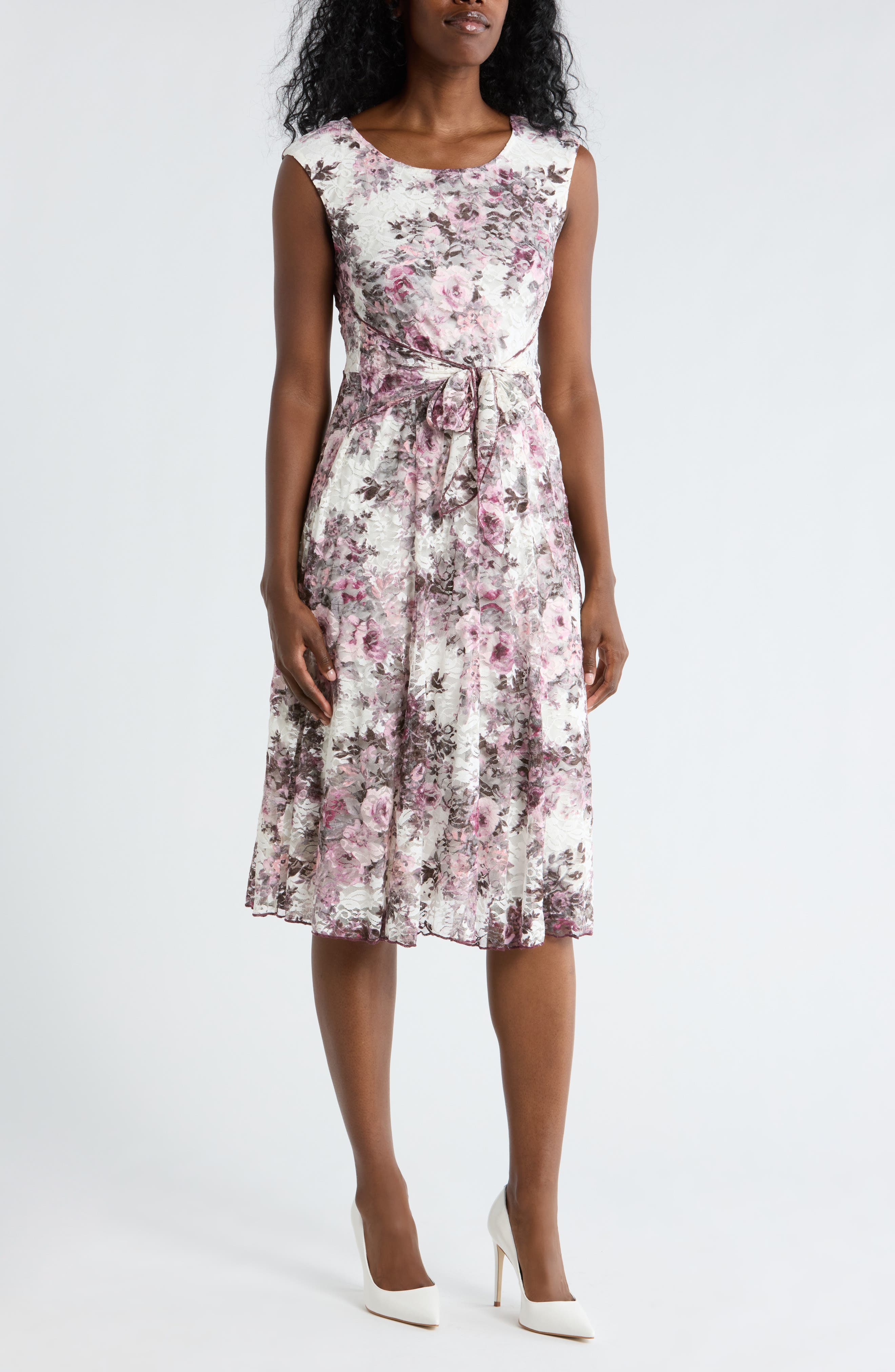 Floral Tie Waist Lace Dress - image 1