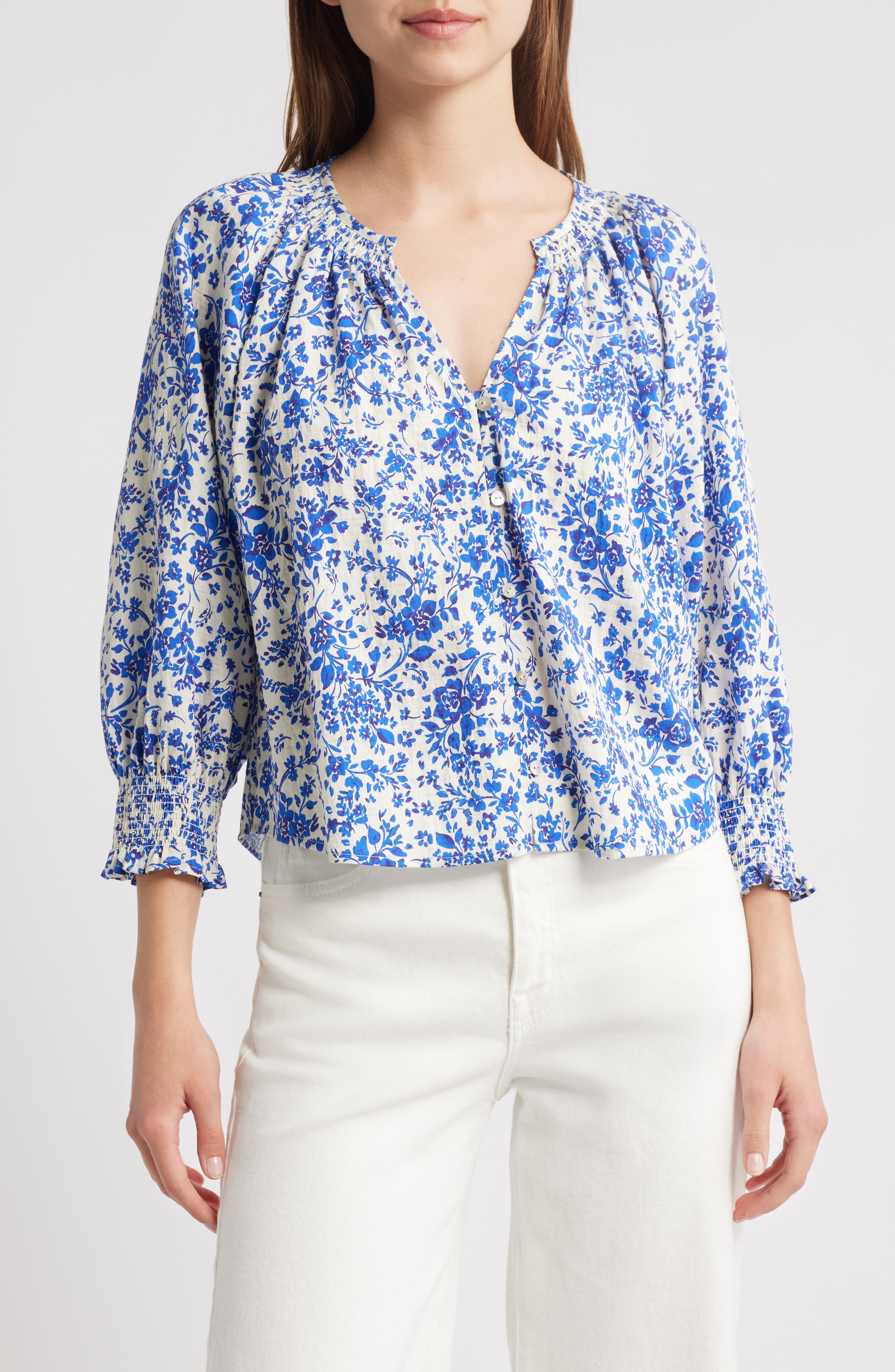 Mariah Floral Smocked Button-Up Peasant Top - image 1