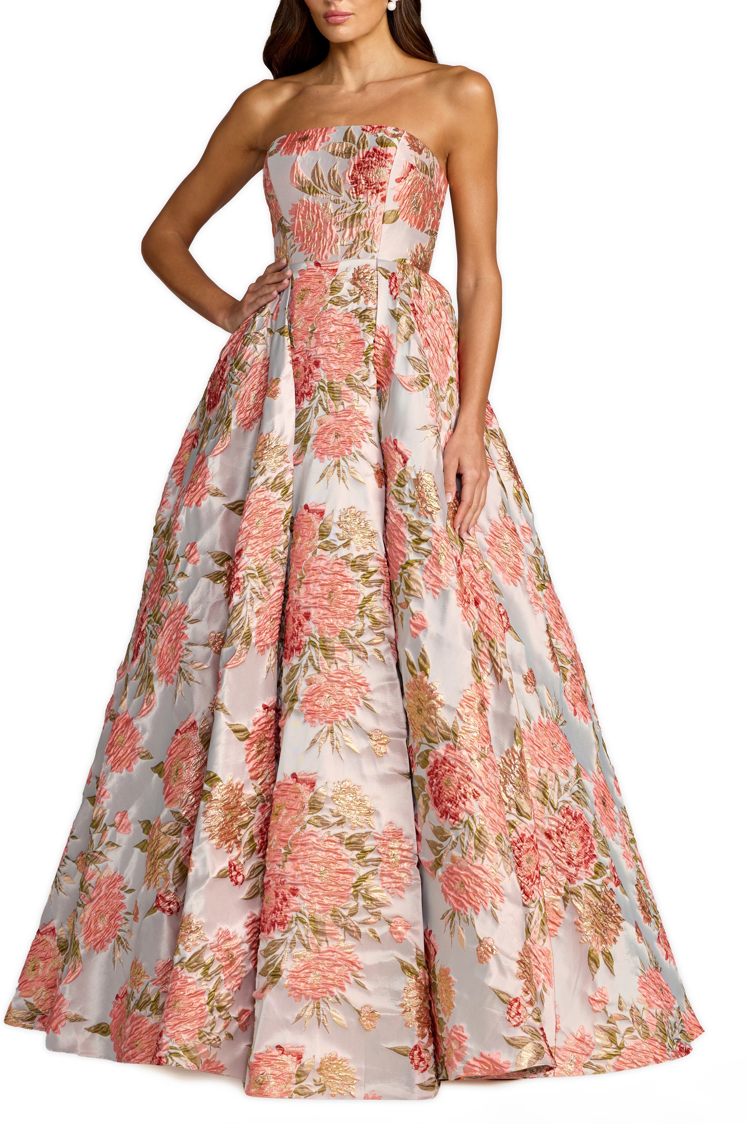 Strapless Floral Brocade Ball Gown With Pockets - image 1