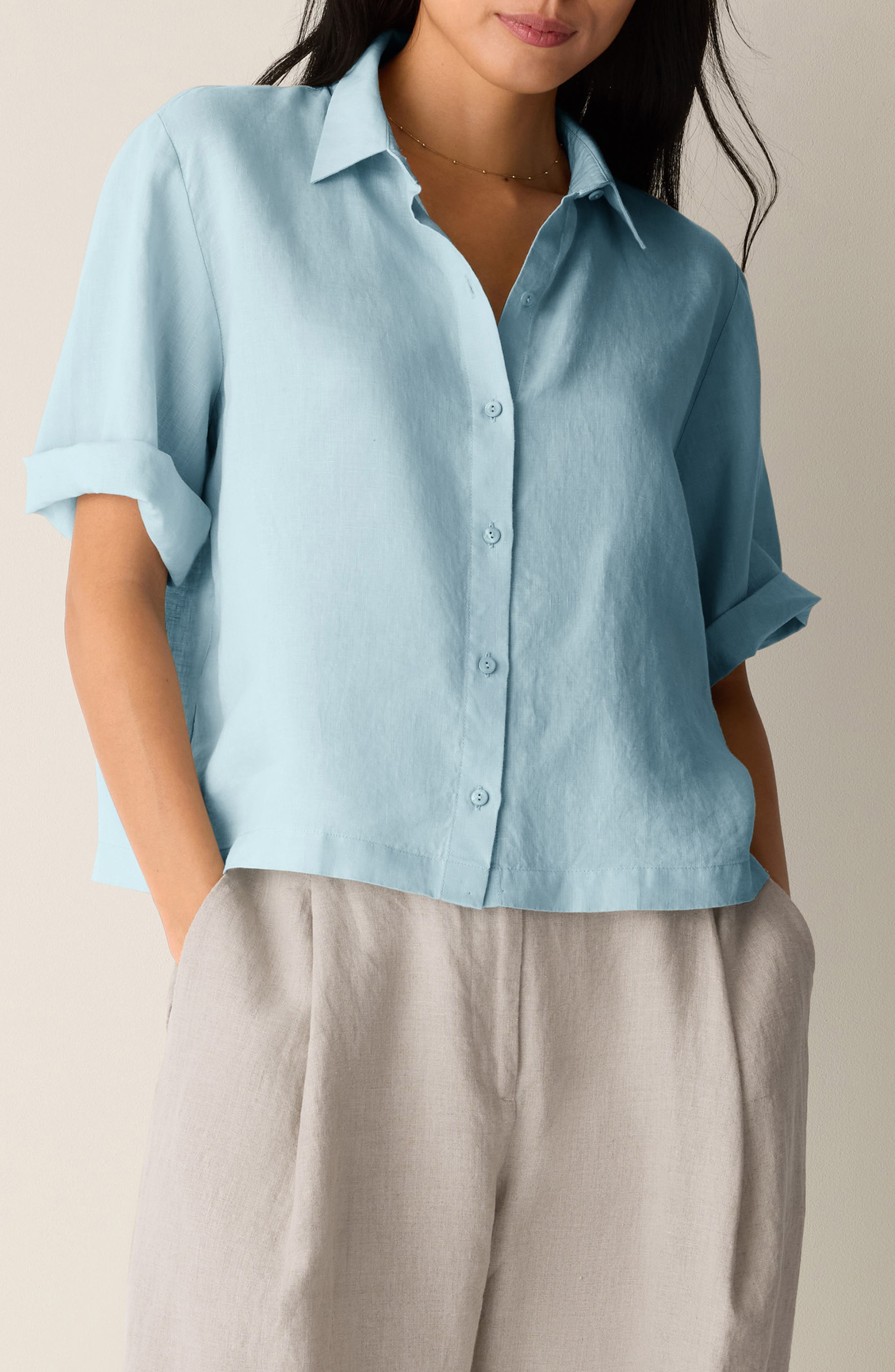 Classic Collar Elbow Sleeve Organic Linen Button-Up Shirt - image 3