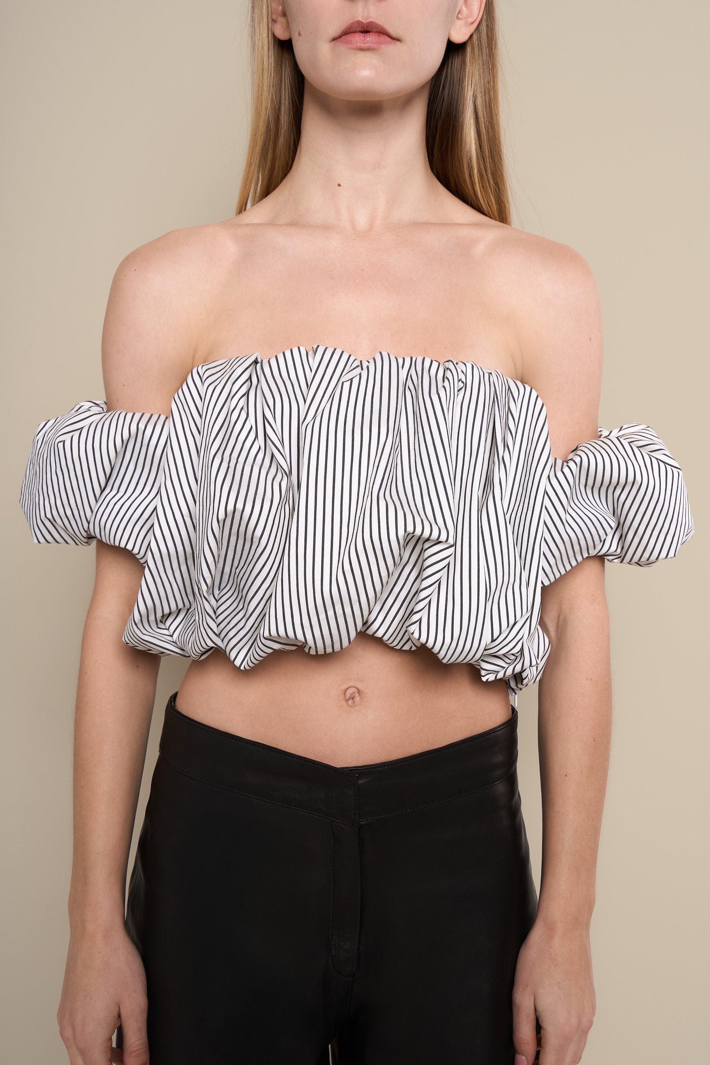 Good Striped Bubble Silhouette Off-Shoulder Crop Top - image 2