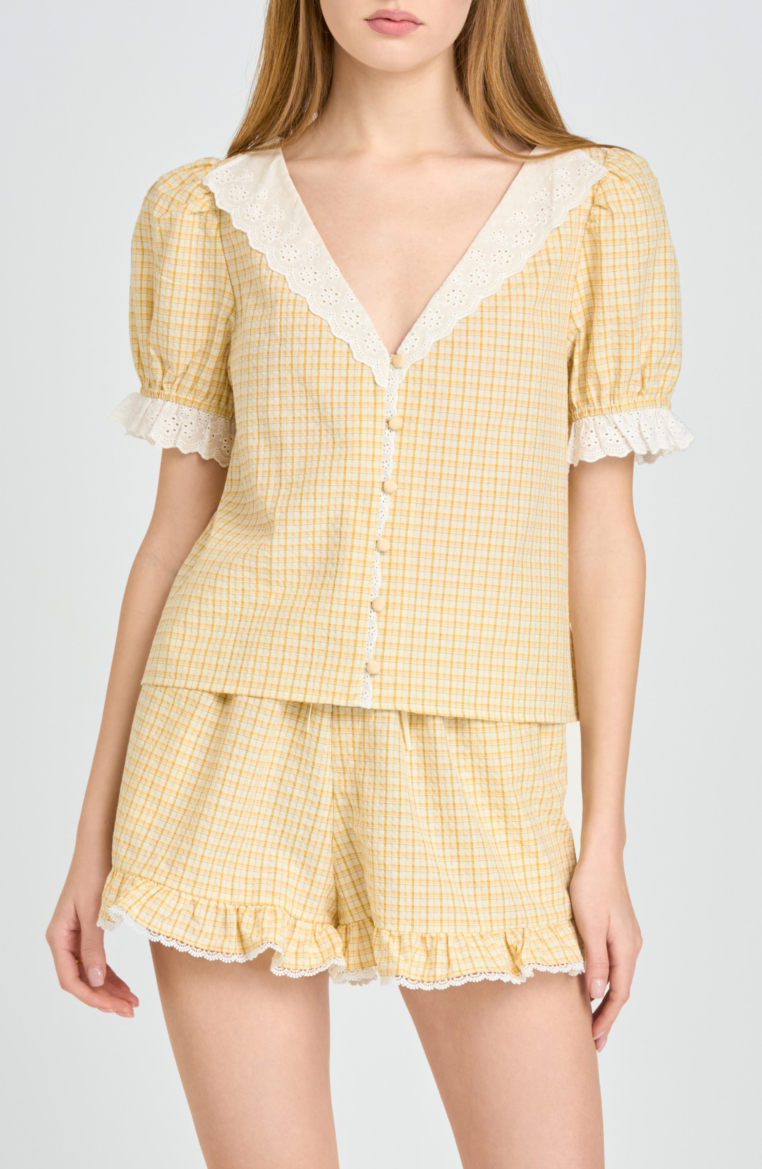 Emma Eyelet Trim Plaid Button-Up Top - image 3