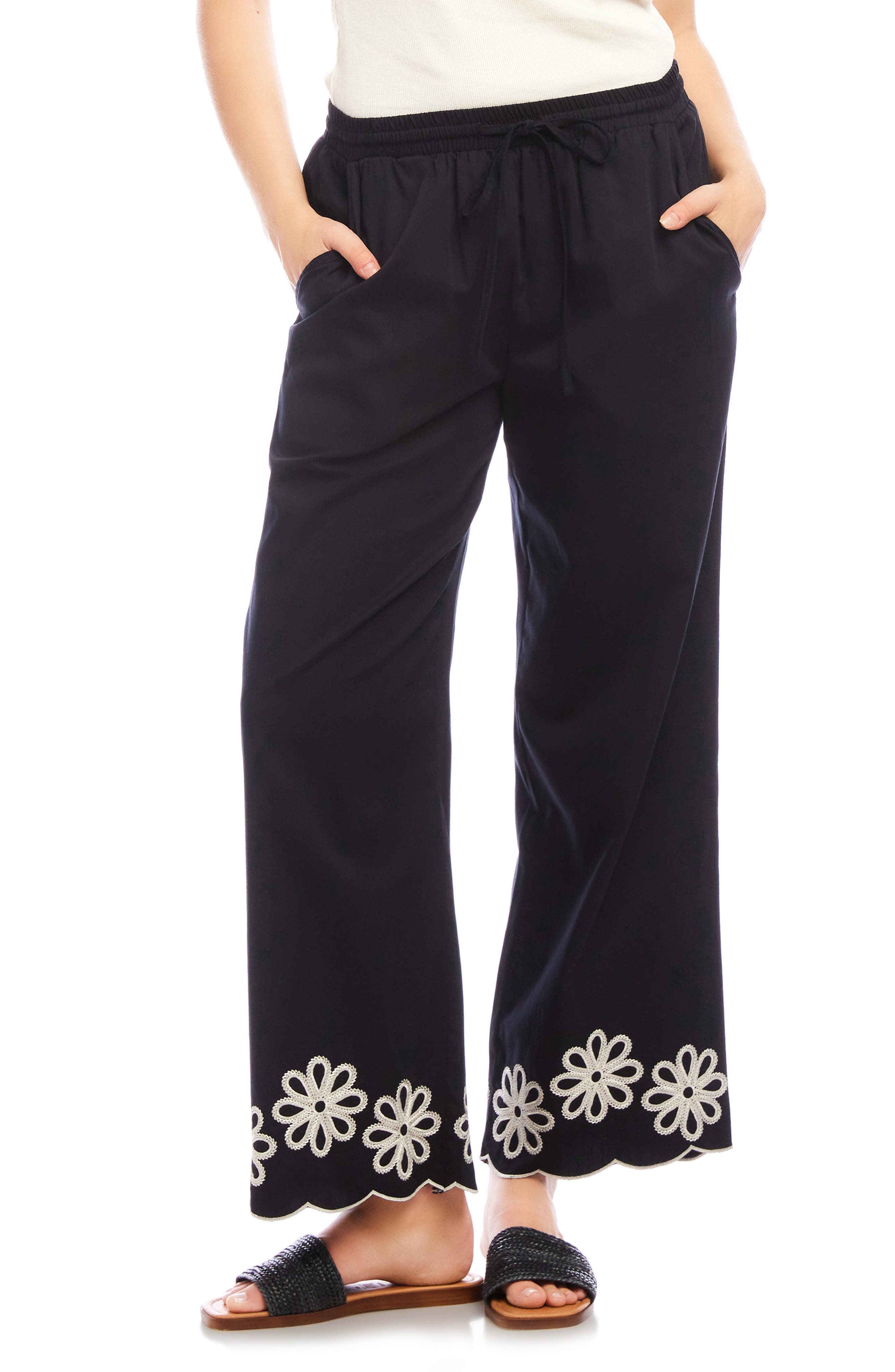 Embroidered Scallop Drawstring Cotton Pants - image 1