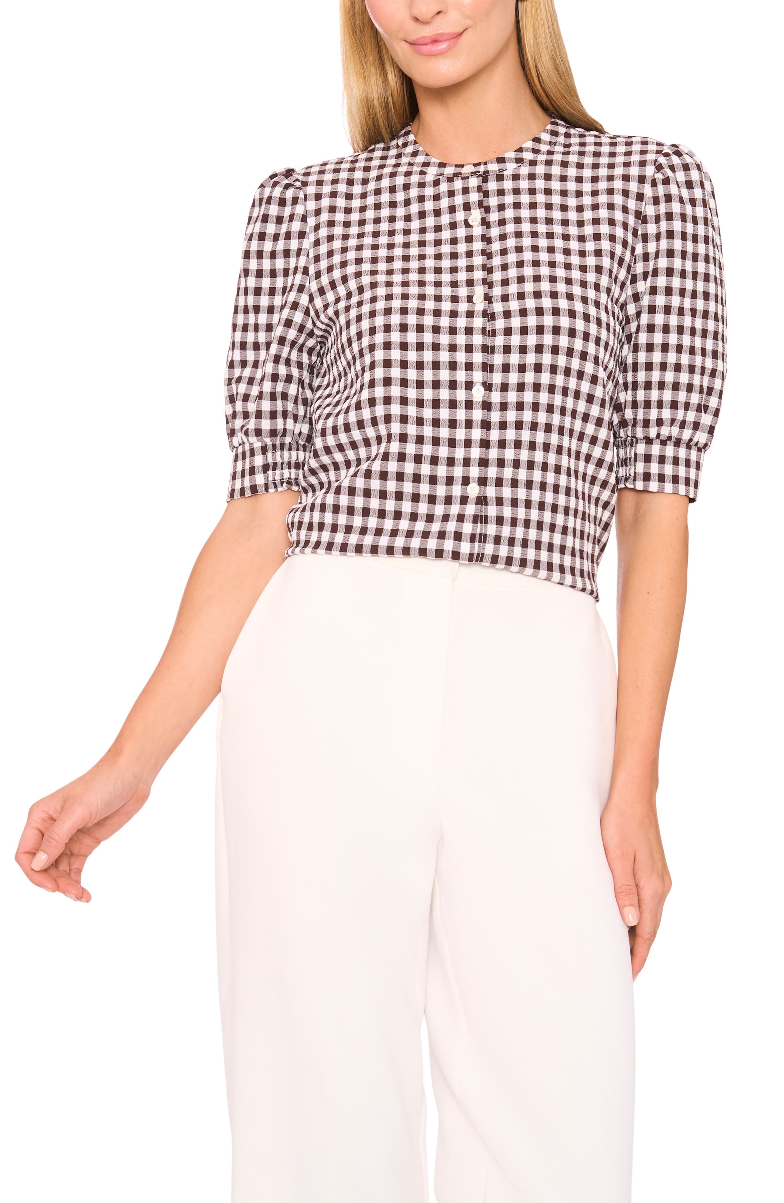 Gingham Puff Sleeve Woven Shirt - image 1