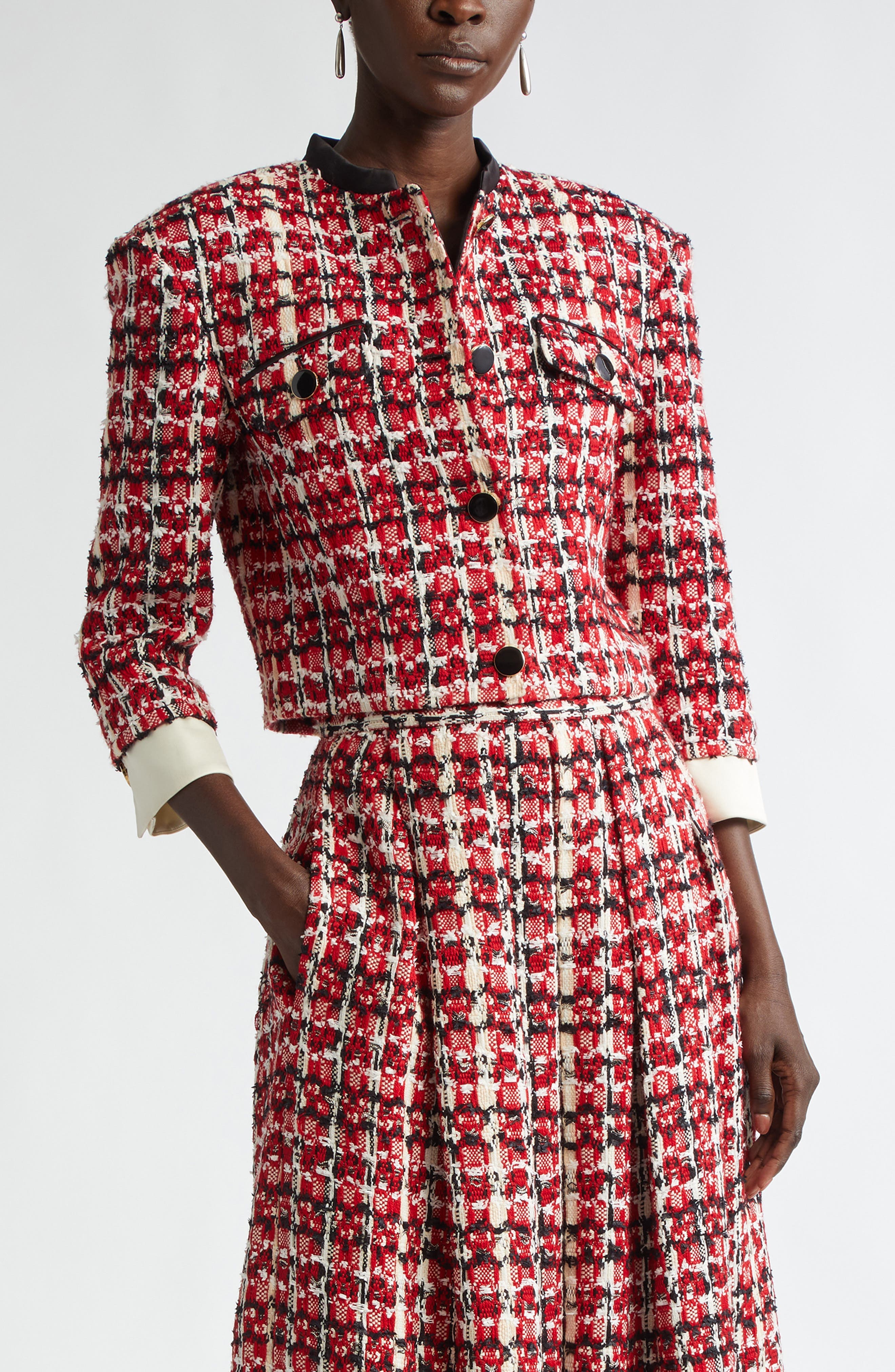 Plaid Eyelash Tweed Crop Jacket - image 1