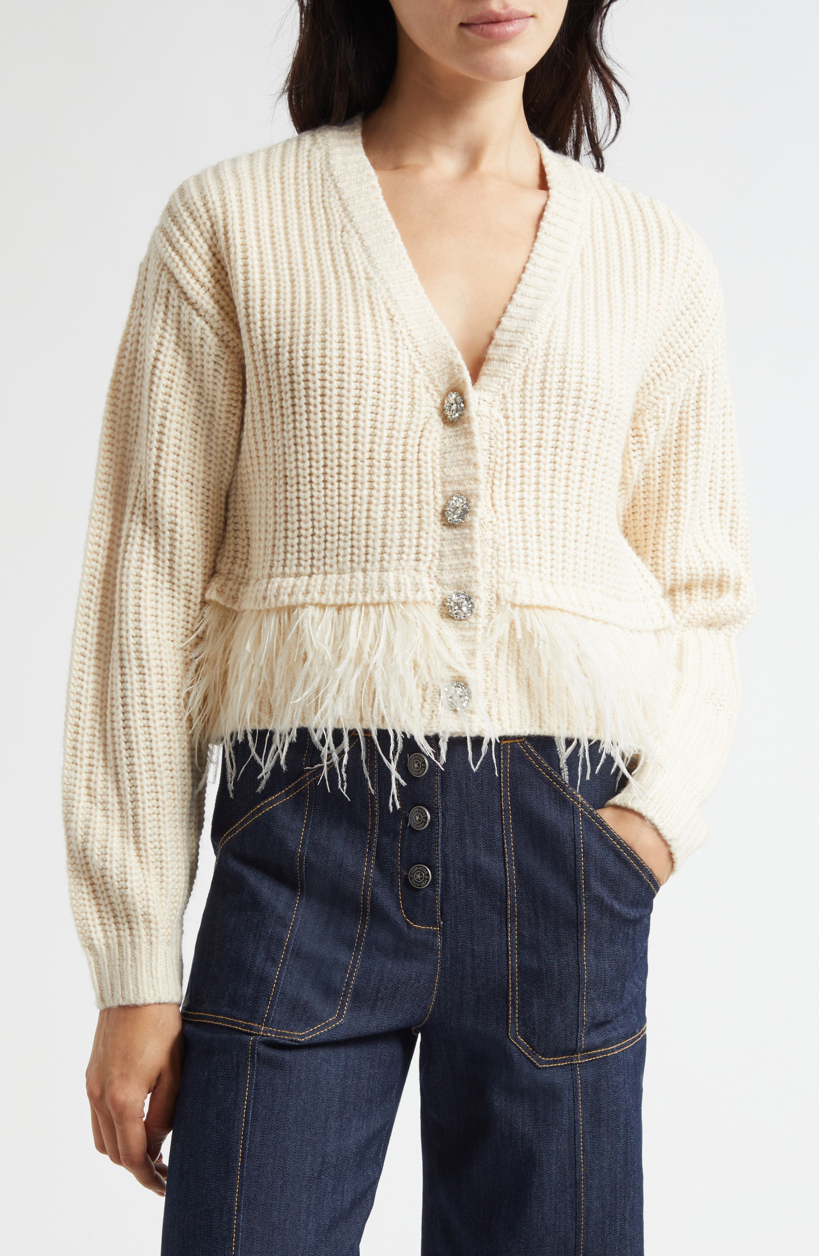 Krissi Embellished Button Feather Trim Cardigan - image 1