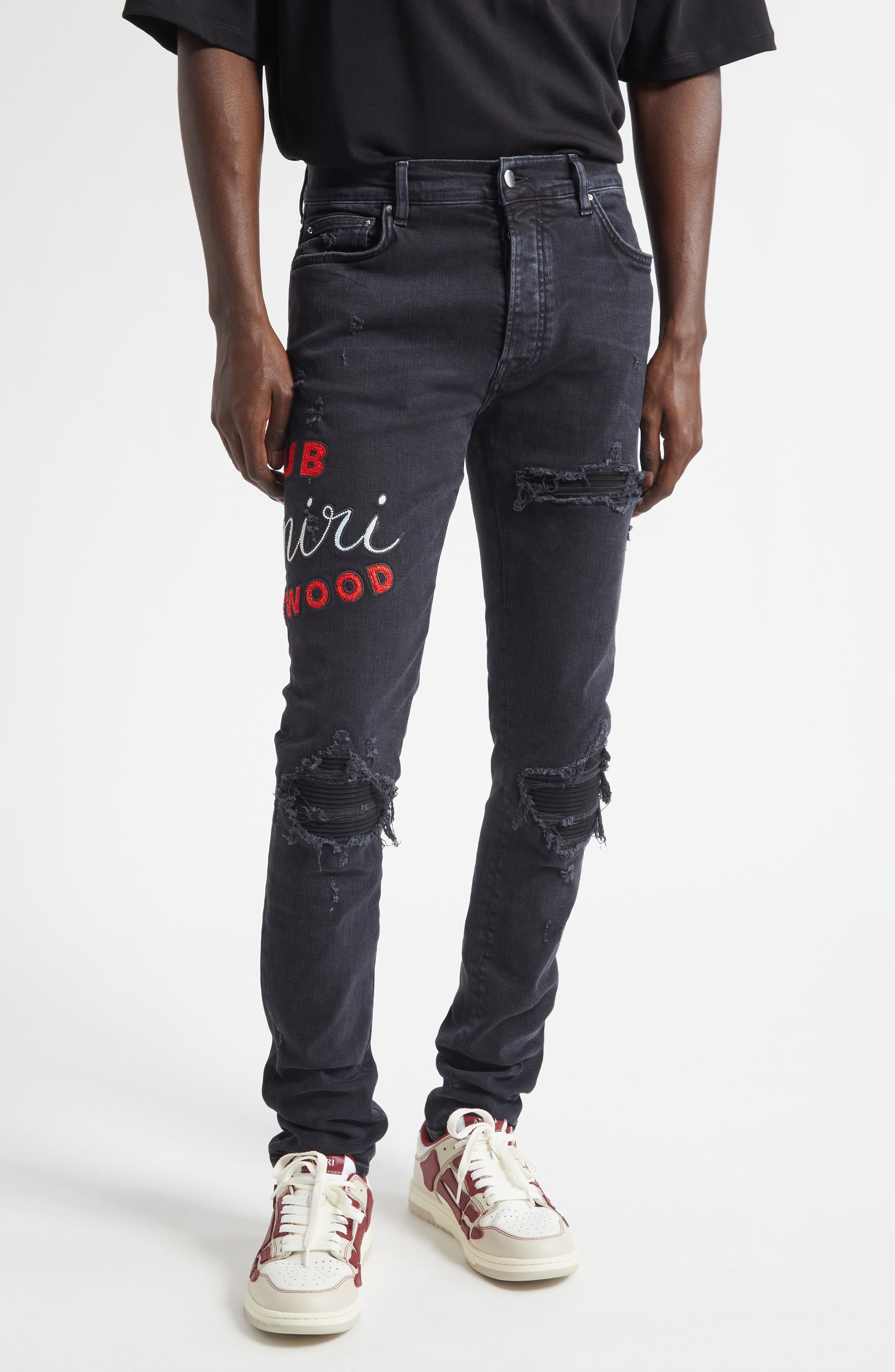 MX1 Crystal Embellished Club Amiri Applique Rip & Repair Skinny Jeans - image 1