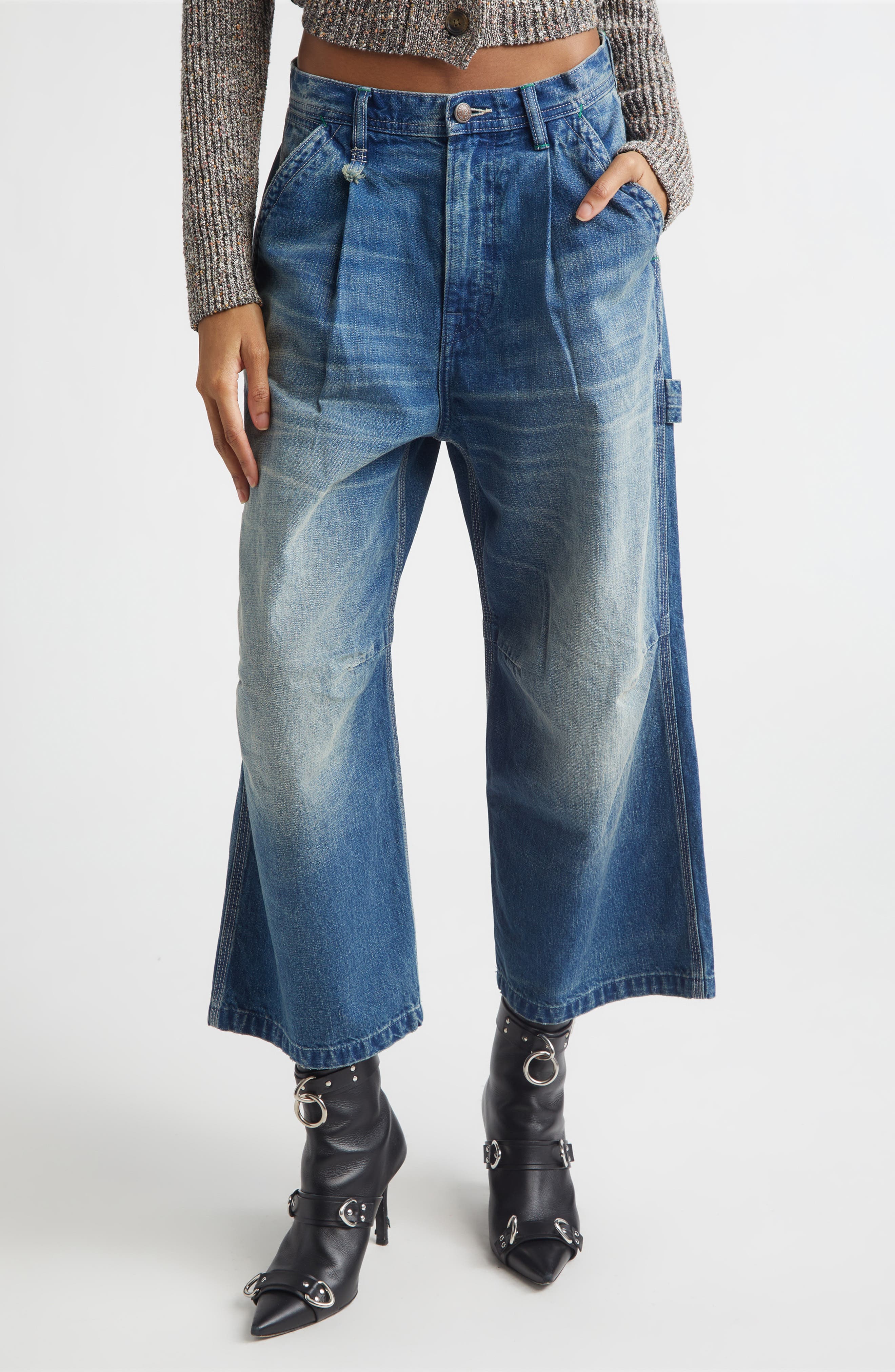 Pleated Crop Wide Leg Carpenter Jeans - image 1