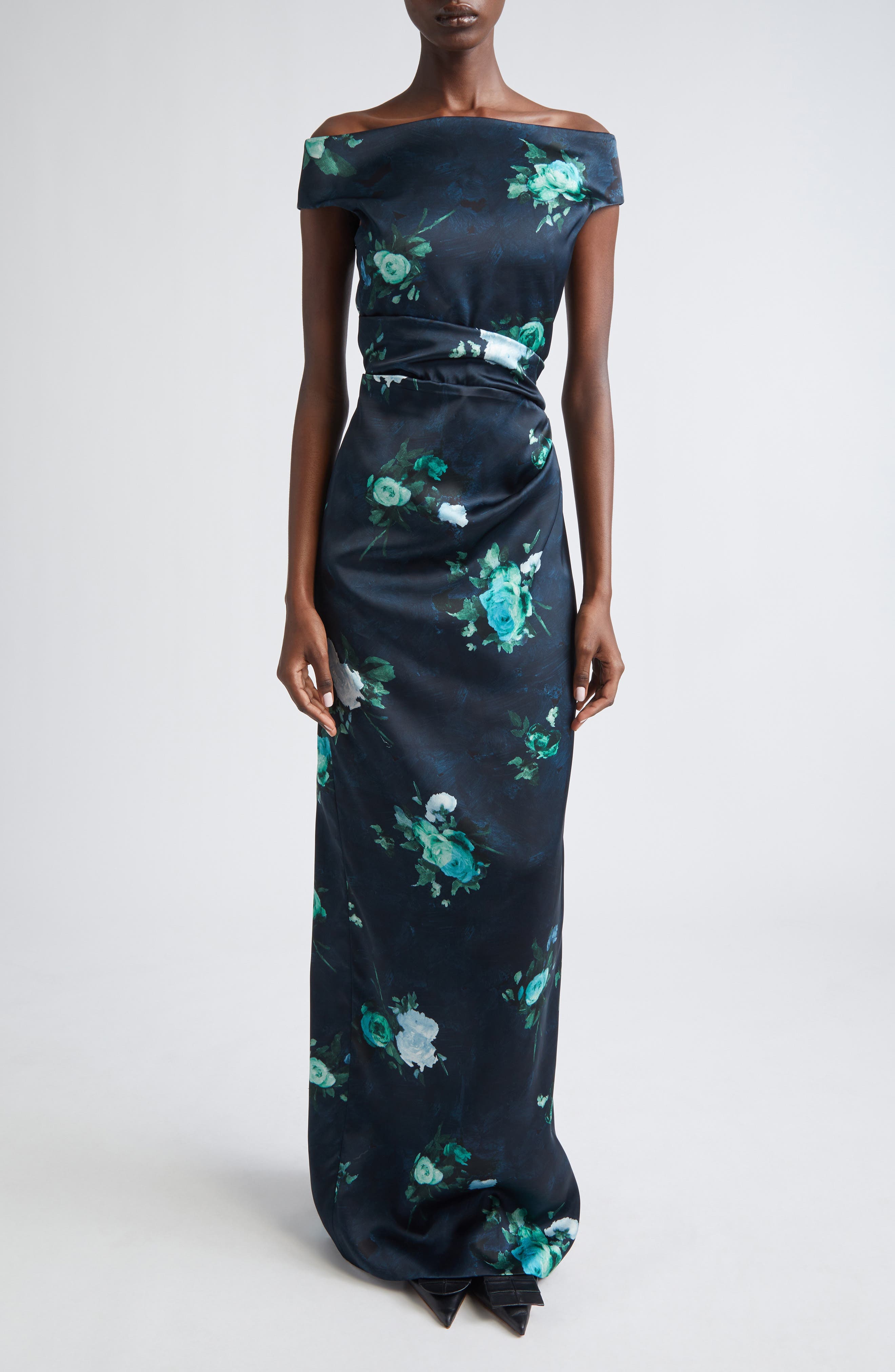 Floral Print Off The Shoulder Duchesse Satin Gown - image 1