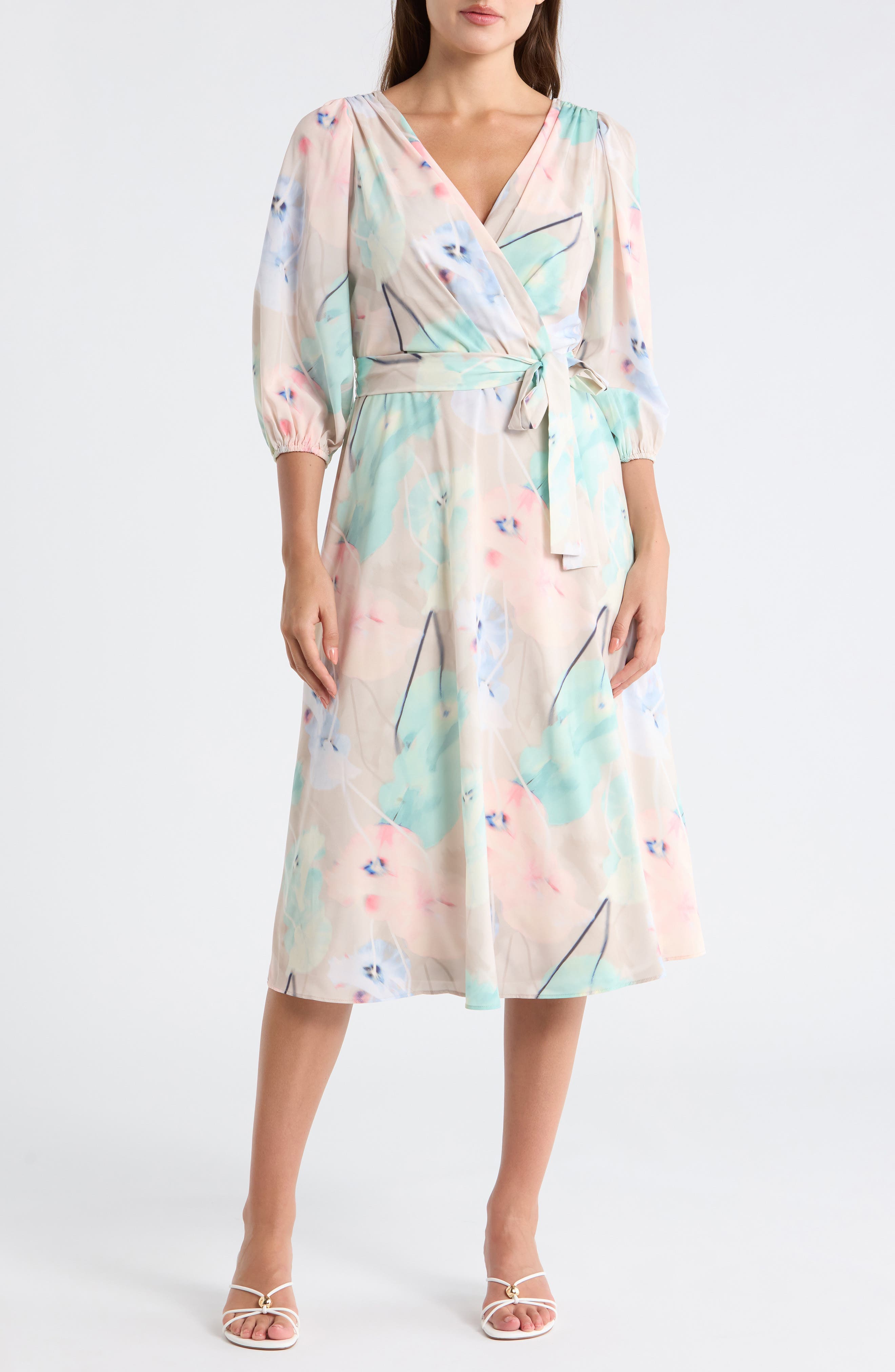 Balloon Sleeve Faux Wrap Midi Dress - image 5
